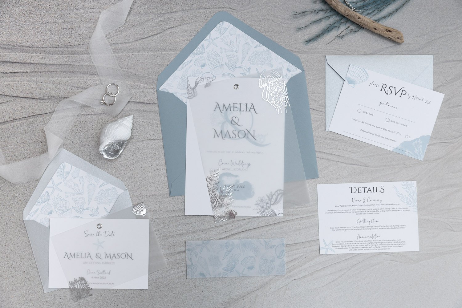 Beachcomber collection with silver-foiled sea illustrations overlay and mix-and-max envelopes