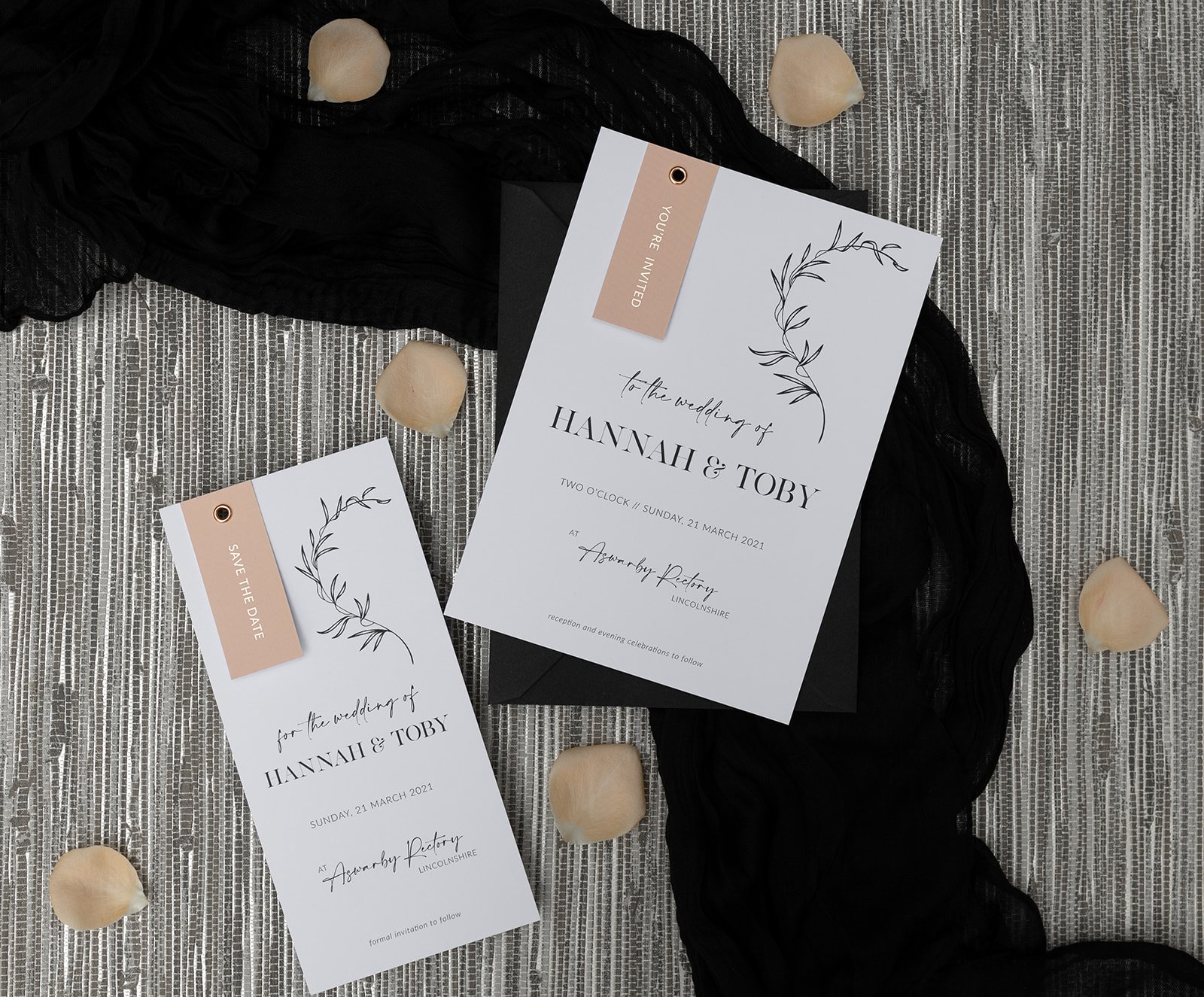 Minimalist Luxe invitation in 'Peach' with rose-gold foiled tags.