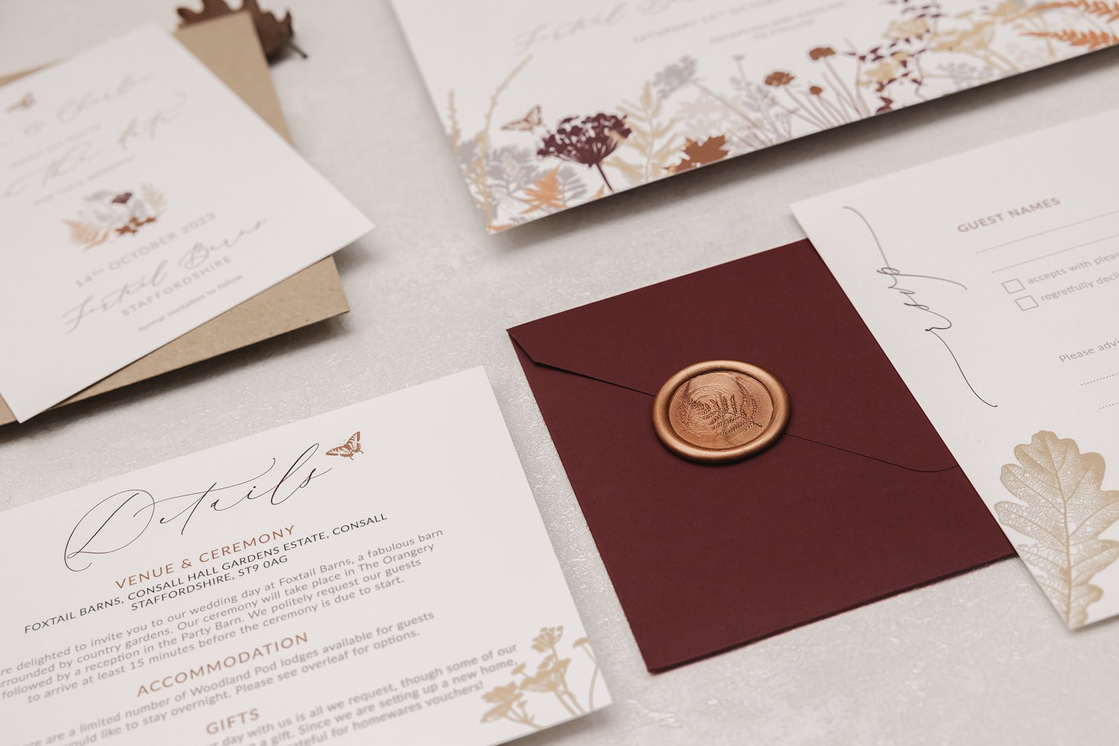 Elements of the Autumn Meadow collection with 'Russet' and 'Rustic Kraft' envelopes
