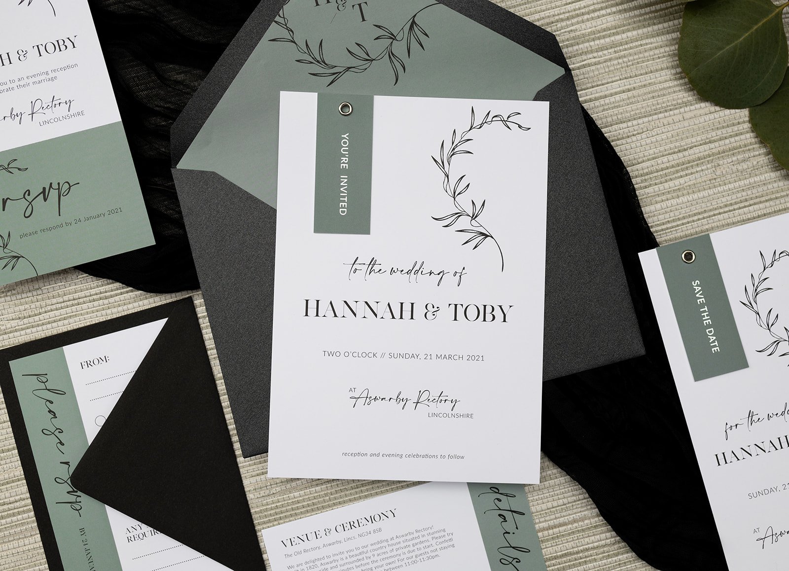 Minimalist Luxe collection in 'Eucalyptus', with silver-foiled tags, and Black Luxe pearlescent envelope.