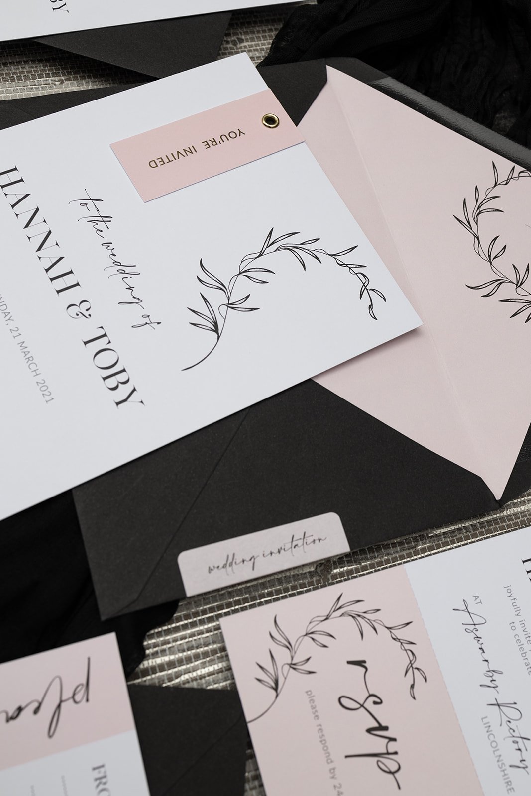 Minimalist Luxe collection in 'Blush', with black-printed tags, and Rich Black envelope with matching address label.