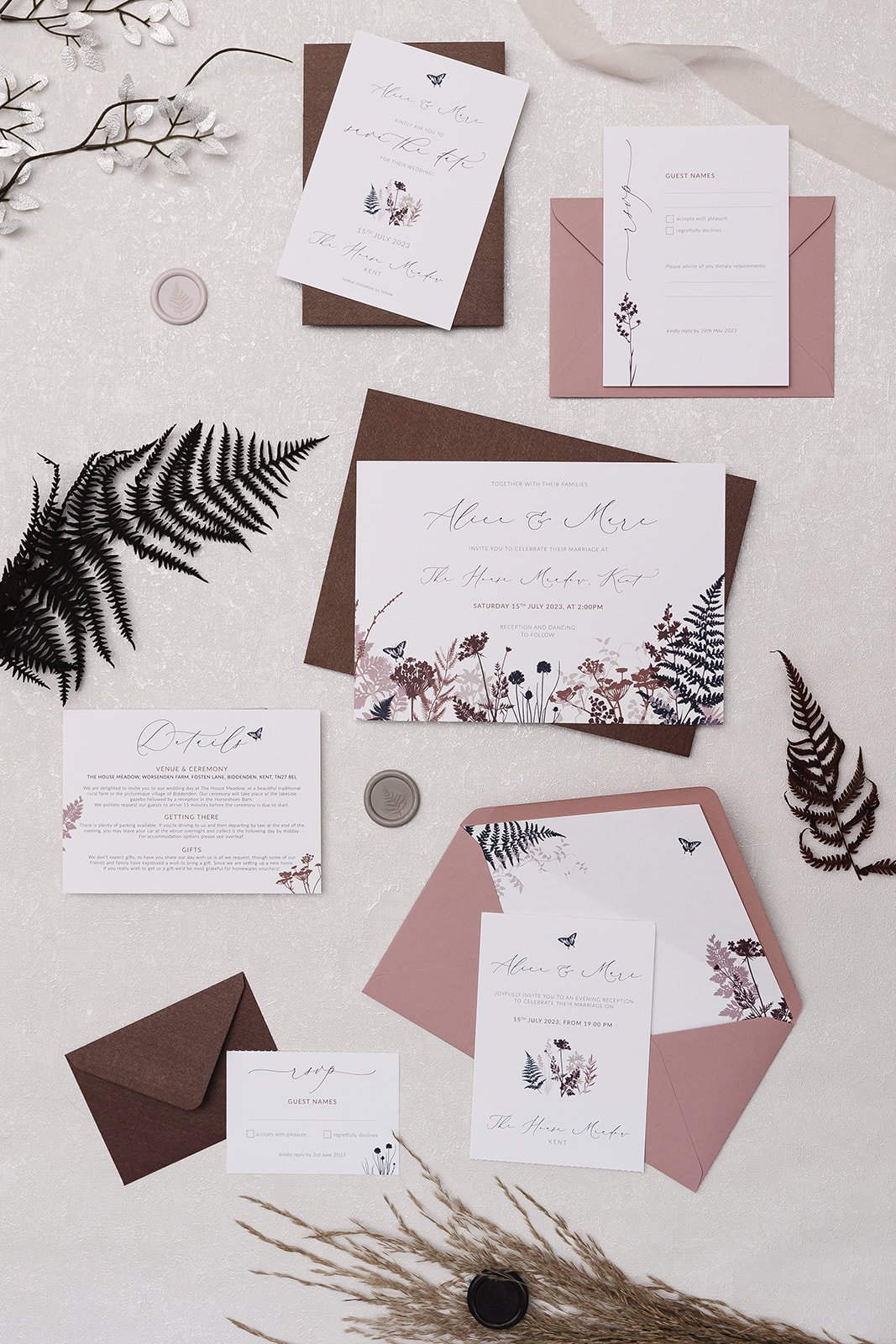 Rustica Meadow wedding stationery with 'Wild Rust' and 'Pink Mallow' envelopes