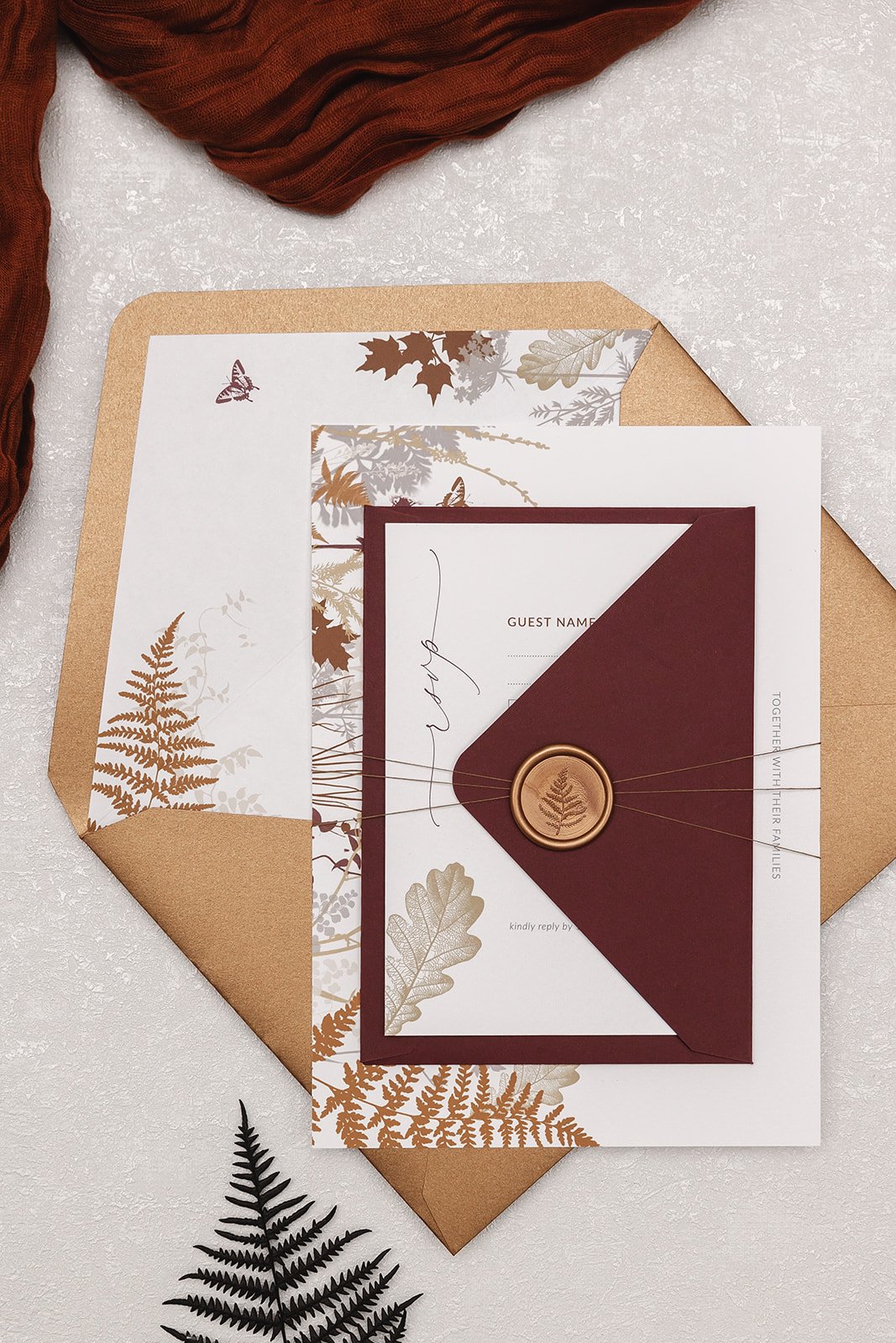 Autumn Meadow Day invite wrapped up with RSVP and wax seal in 'Burnished' and mix-and-match envelopes