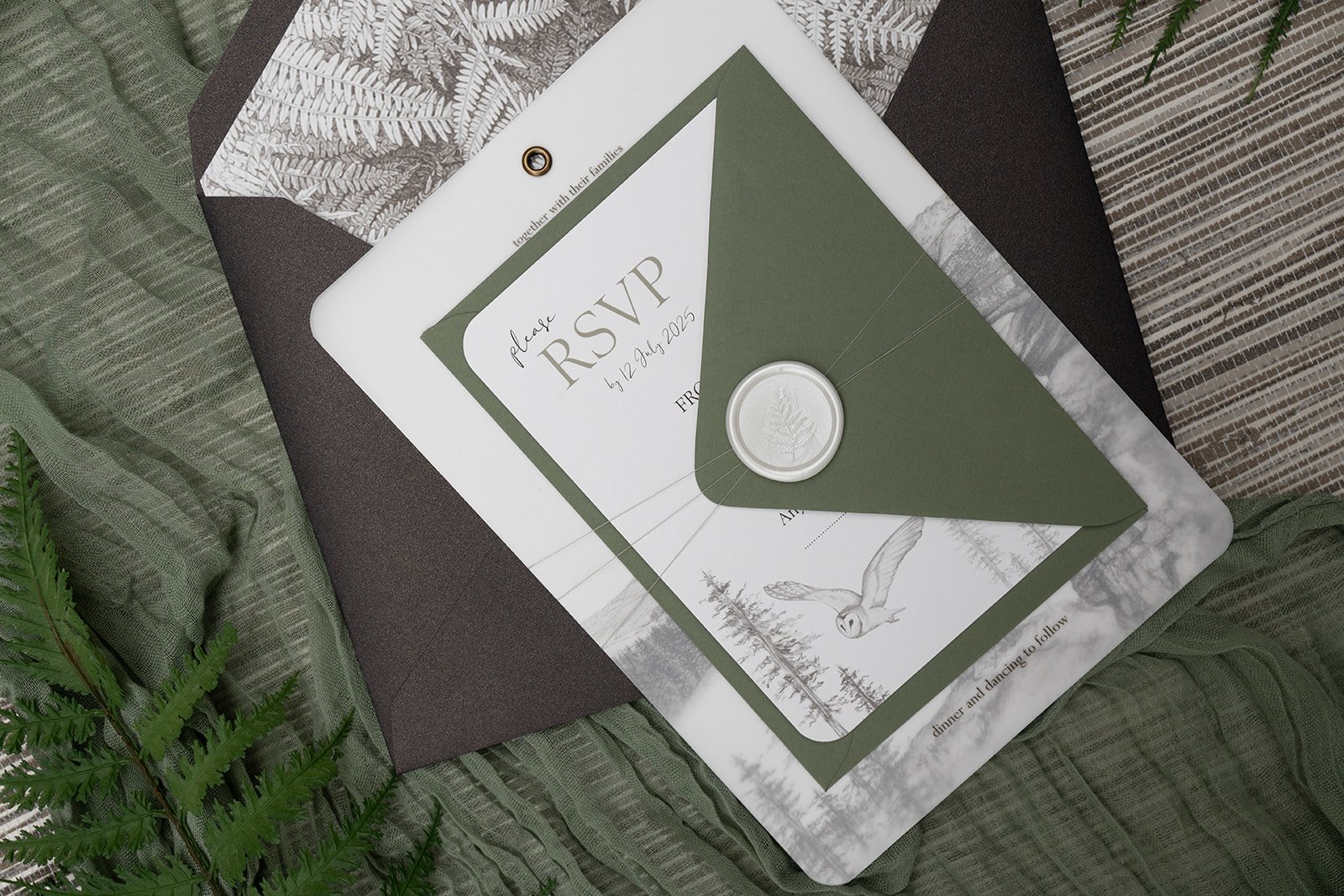 Day invite and RSVP bound with 'Fern' wax seal in 'Limestone'.