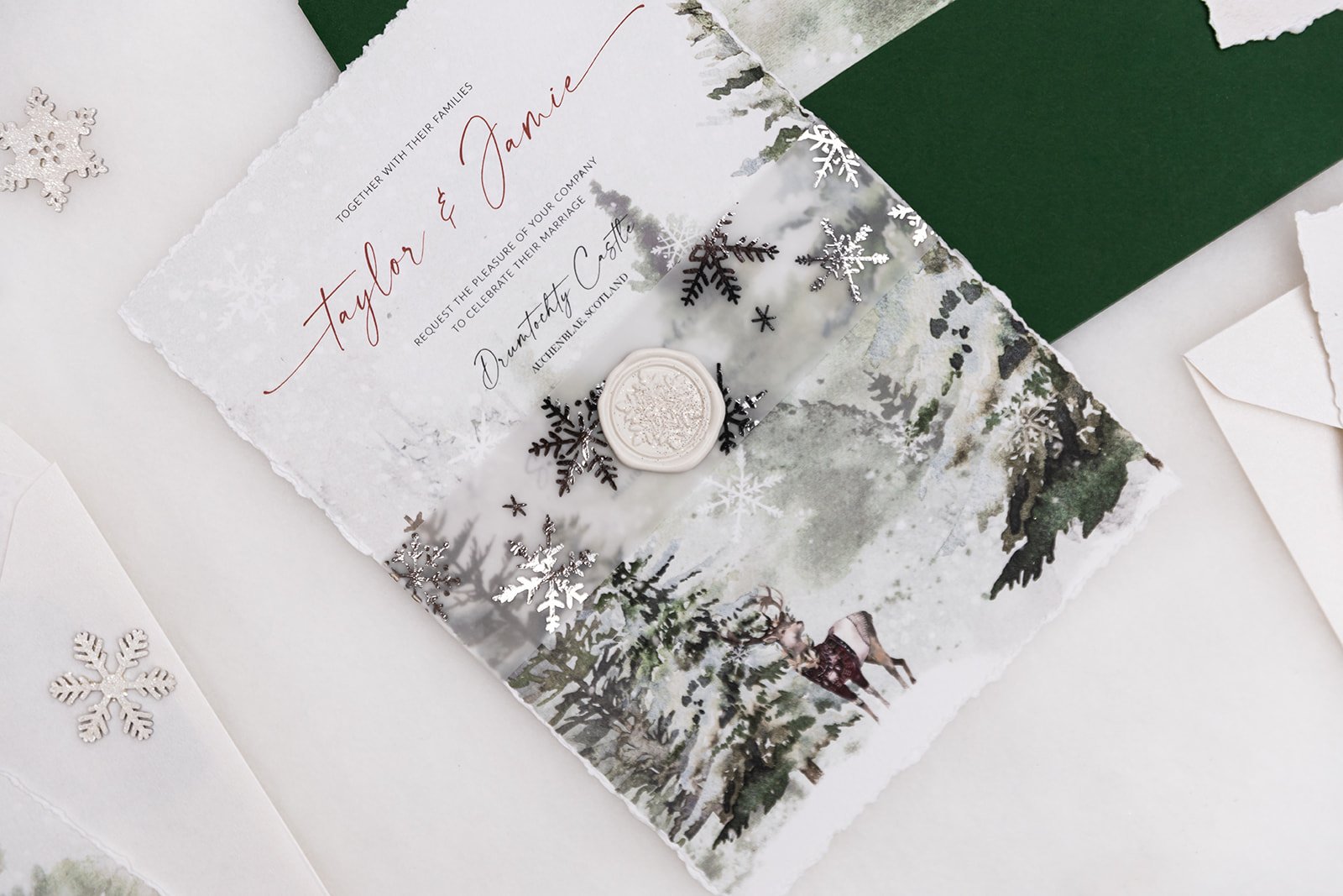 Day invite with silver-foiled vellum belly band and wax seal in 'Snow'