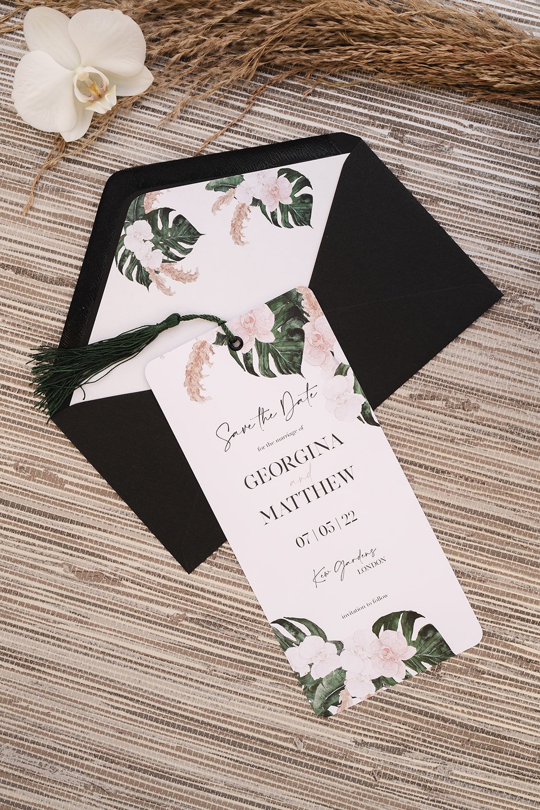 Save the Date with Palm Green tassel and Rich Black envelope with liner