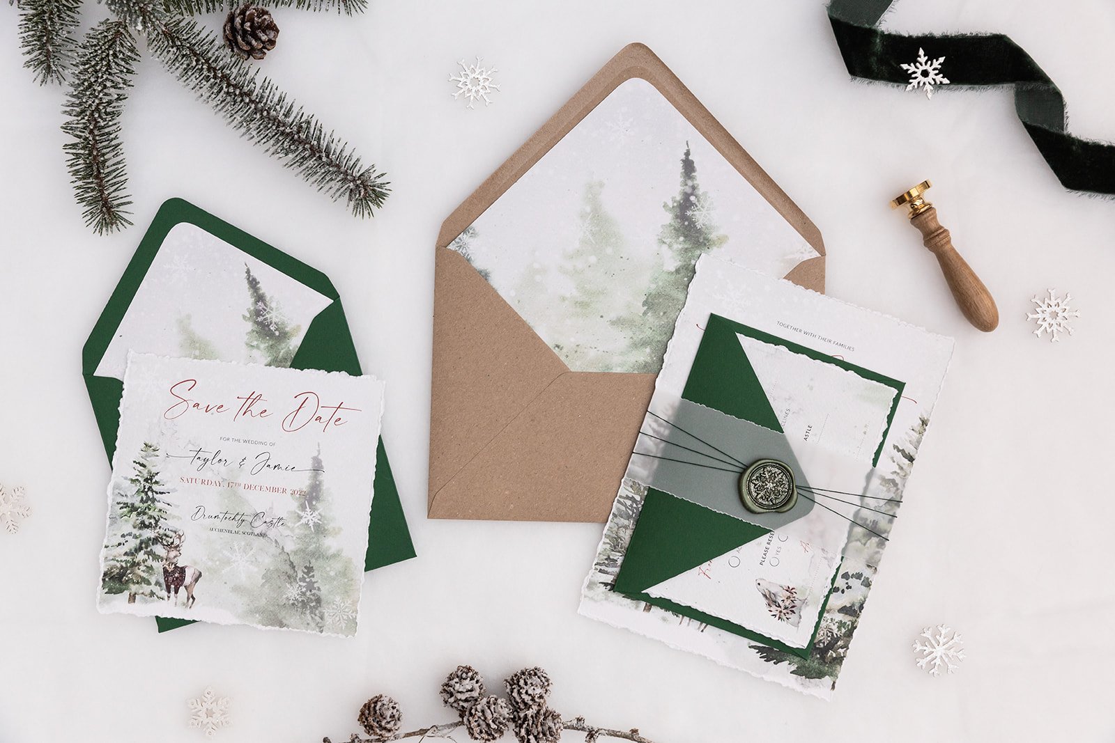 Save the Date and Day invite bound with plain deckle-edge vellum belly band and glittered wax seal in 'Dark Forest'