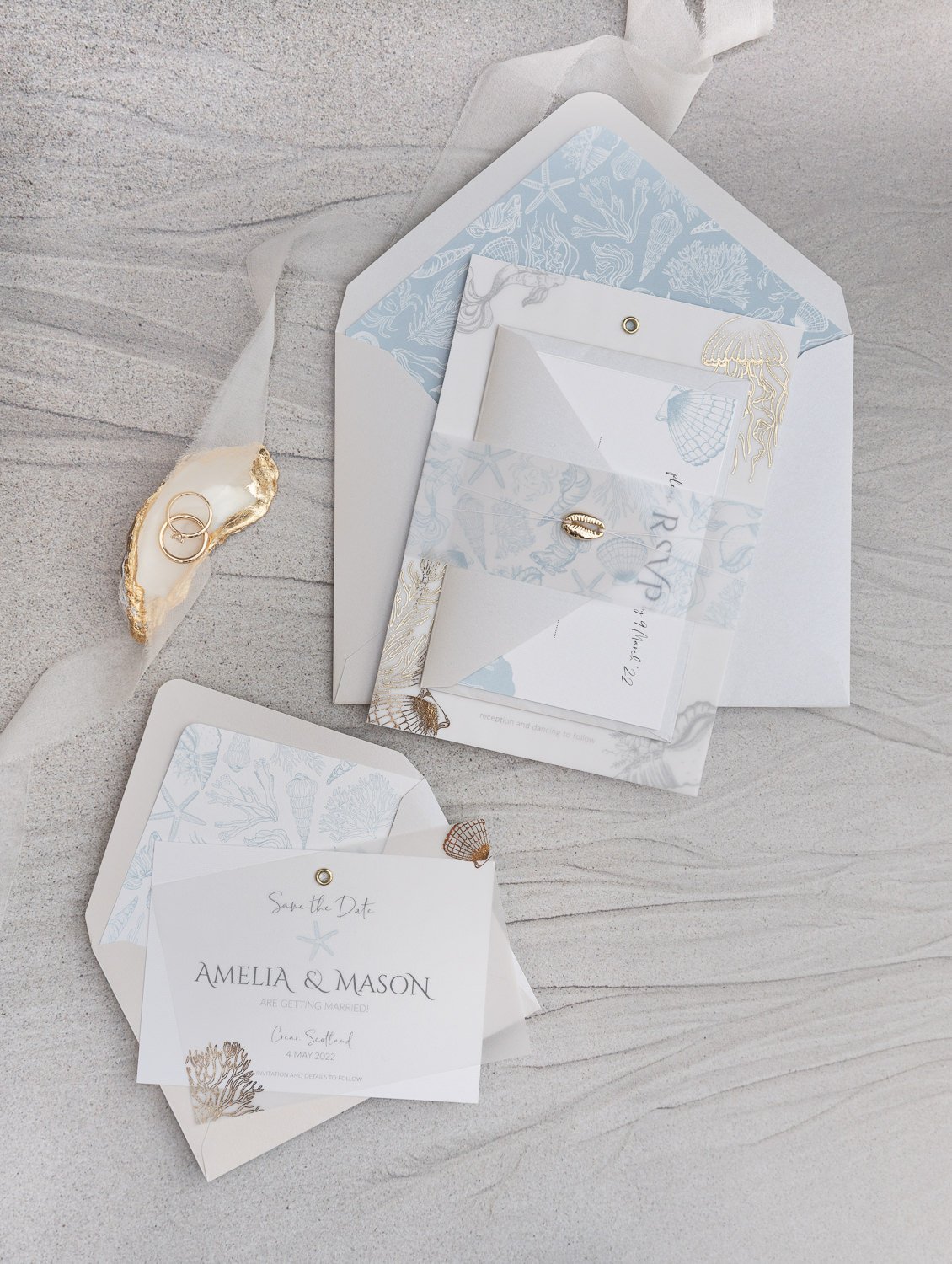 Beachcomber gold Charmed Invite™ with 'Mother of Pearl' envelopes