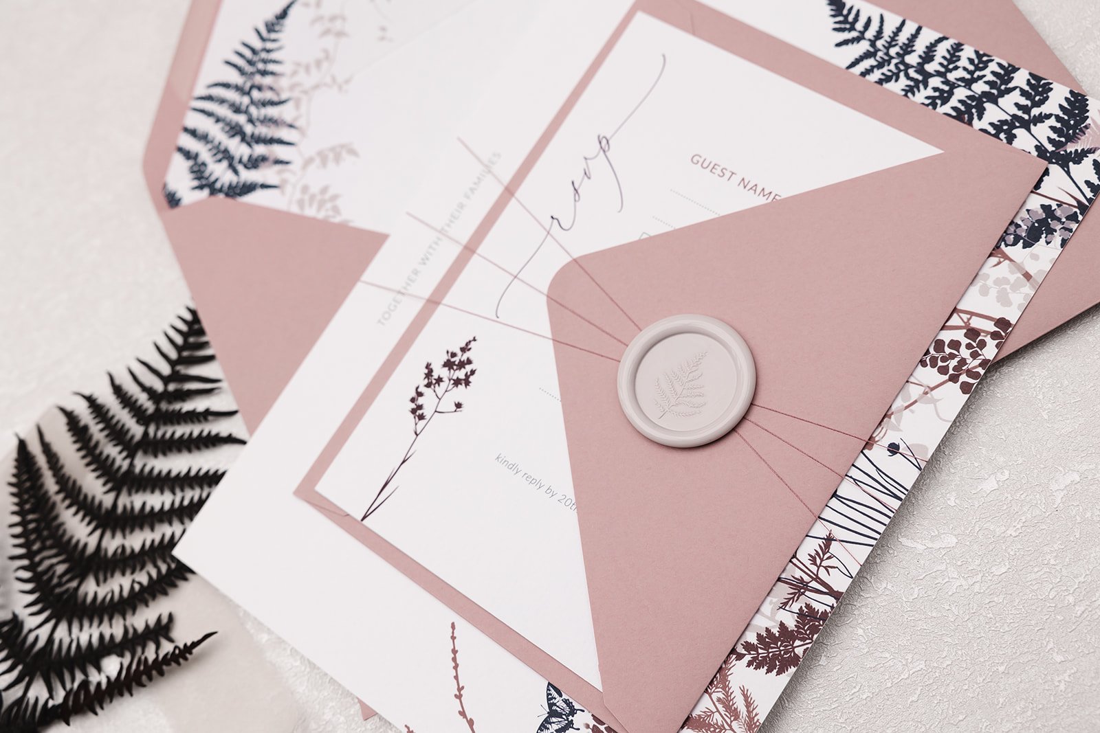 Day invite and RSVP with 'Pink Mallow' envelopes and offset wax seal in 'Foxtail'