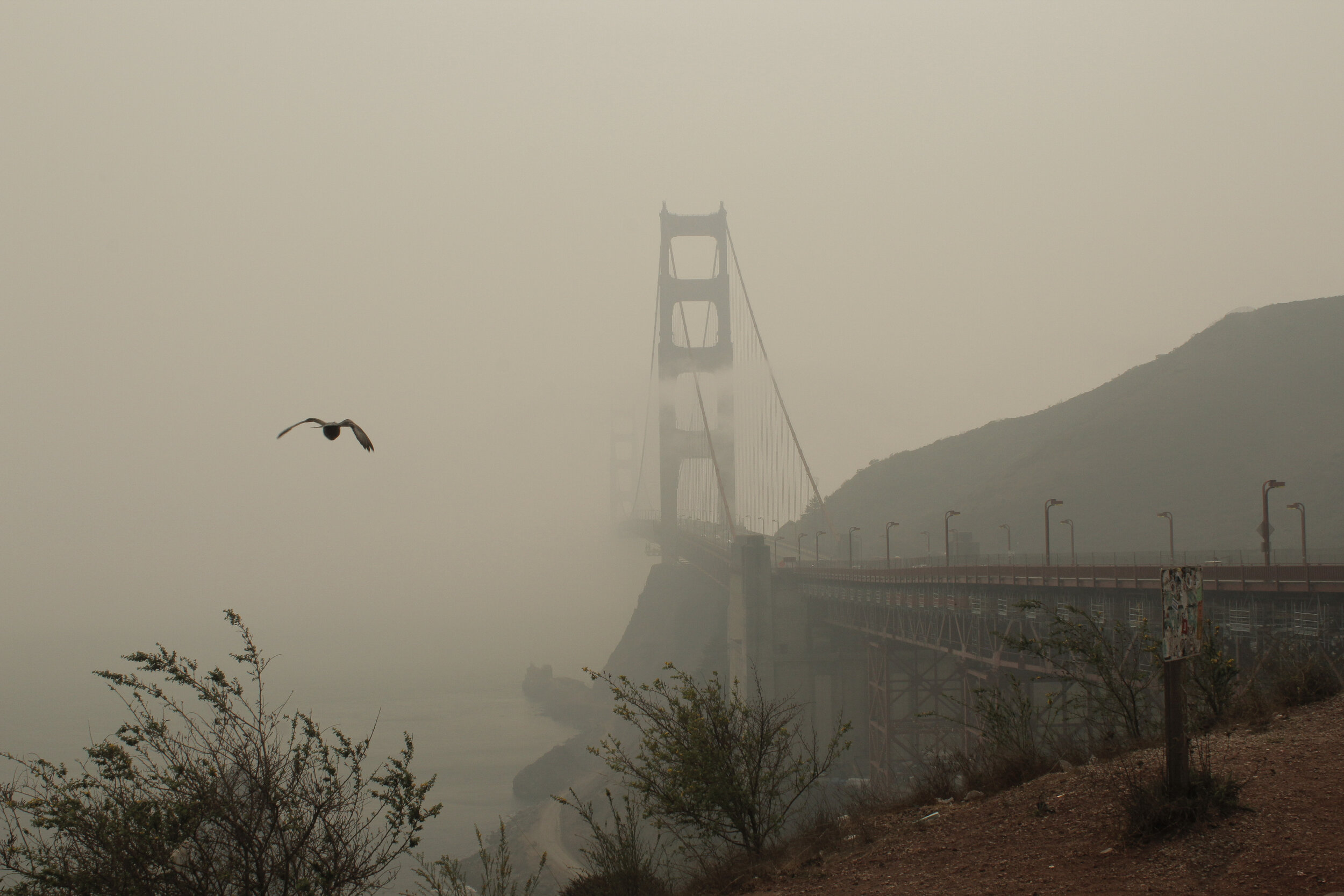 Smoke and fog engulf the Golden Gate Bridge on September 11, 2020, seen from Sausalito, California.