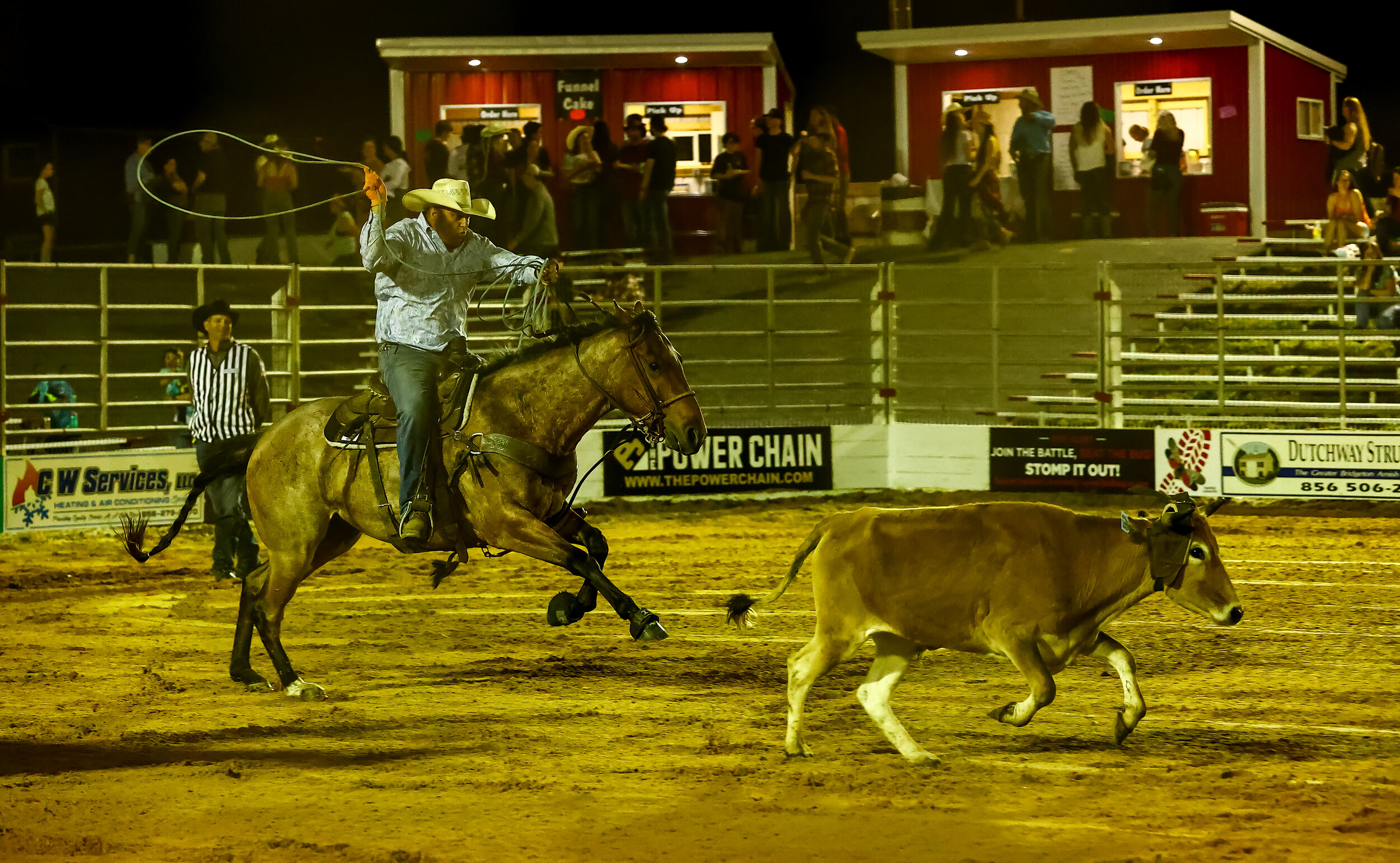 The key to tie-down roping is the personal relationship between roper and their bronco. The calf receives a head start as they race towards the advantage point. Once that point is reached, the roper is then allowed to pursue the calf, attempting to r