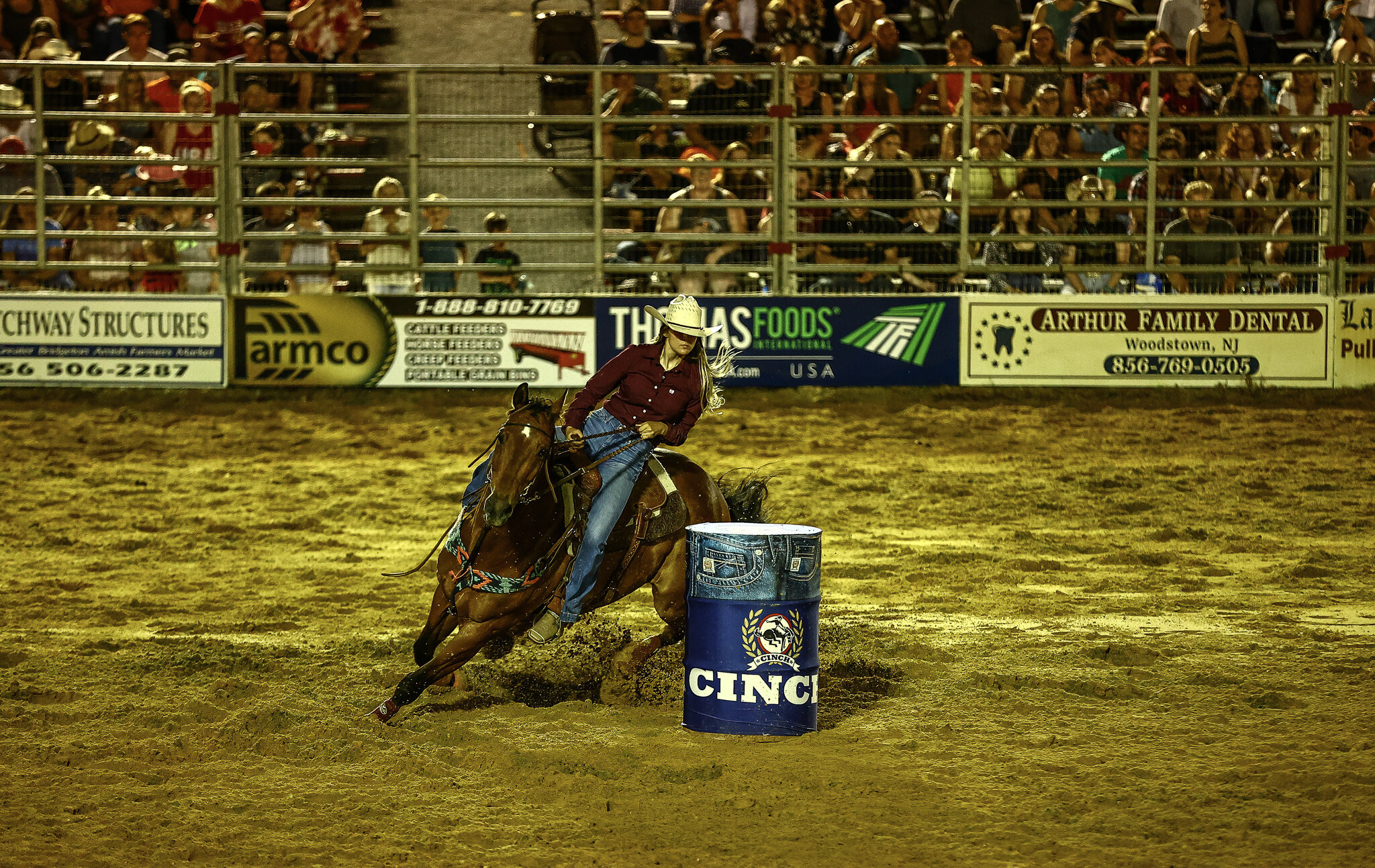 Barrel racing is typically a female-only event. Riders race around in a cloverleaf pattern in the fastest time. Speed, as well as control, are vital.
