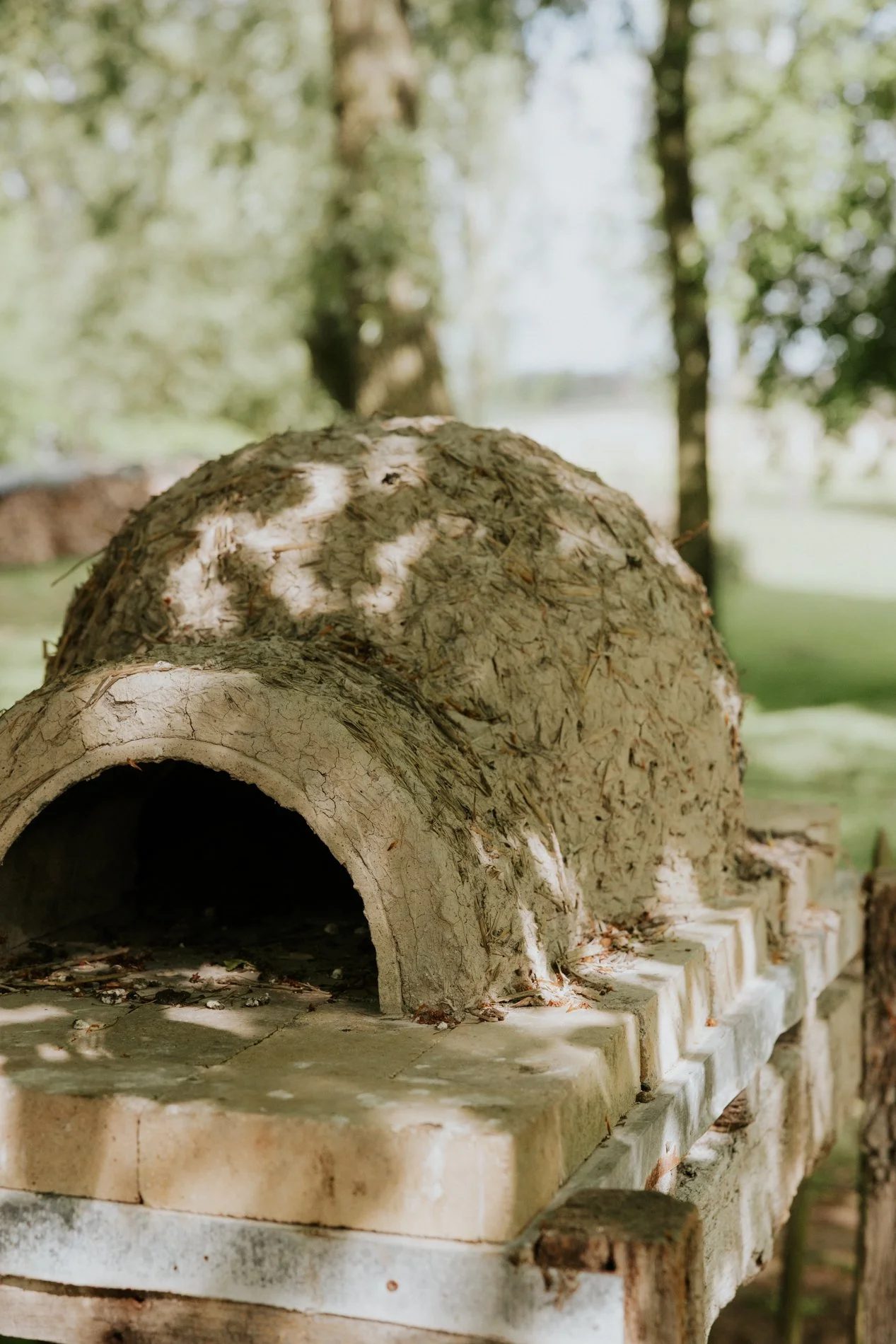 Klei oven in een tuin met op de achtergrond bomen.