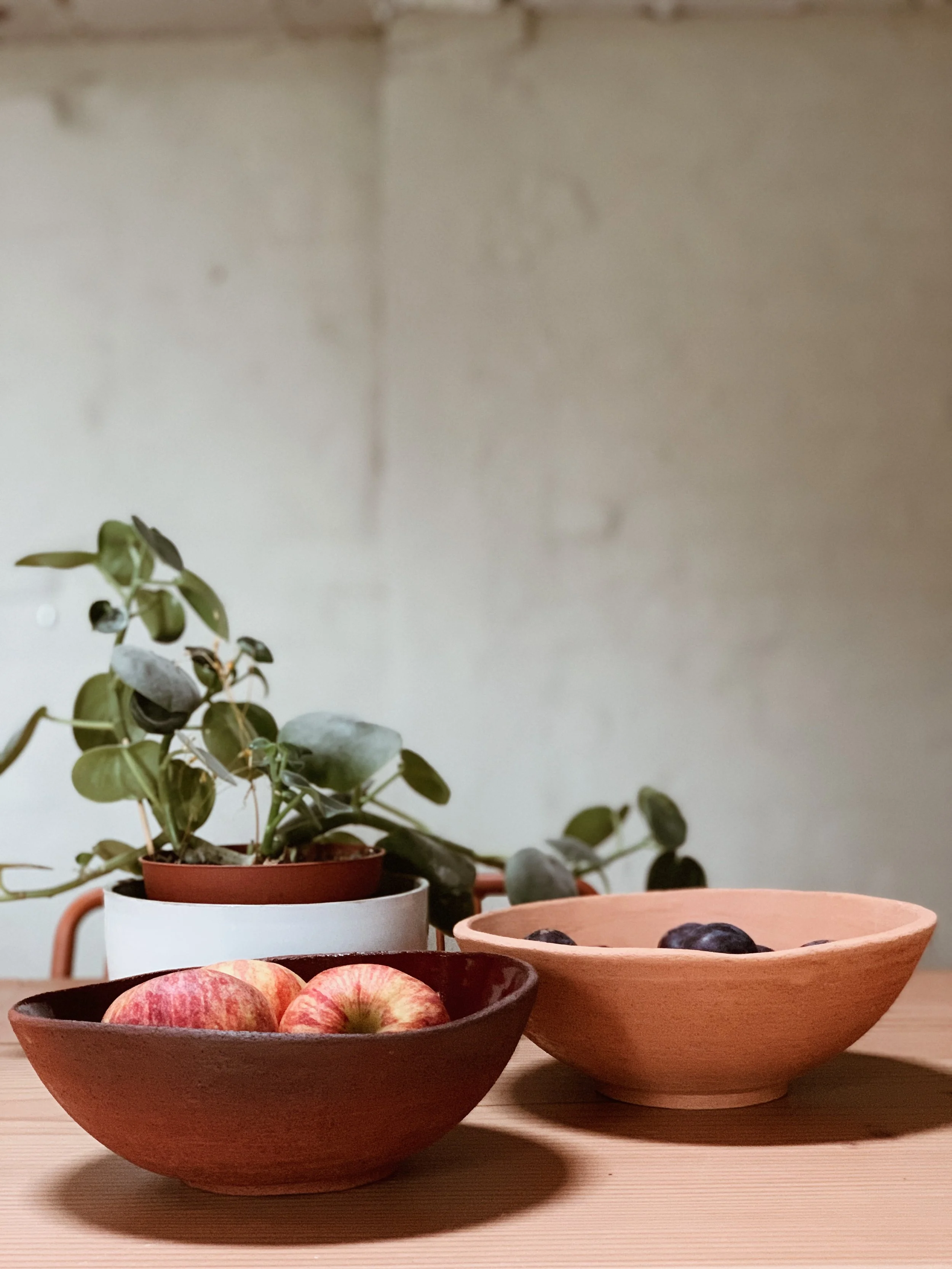 Handgevormde kommen op een tafel op de achtergrond een witte wand en een plant.
