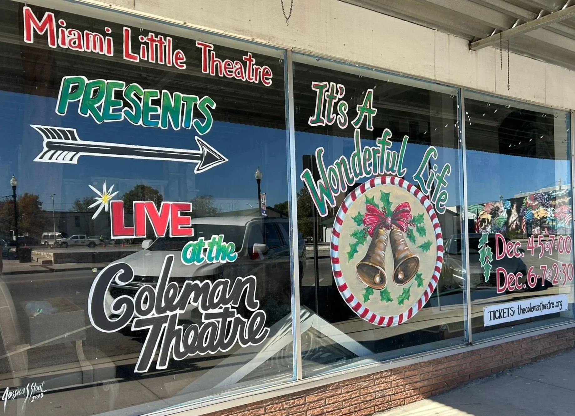 Window Art for Miami Little Theatre on N Main St in Miami, OK. 7'x 21'. 2025.