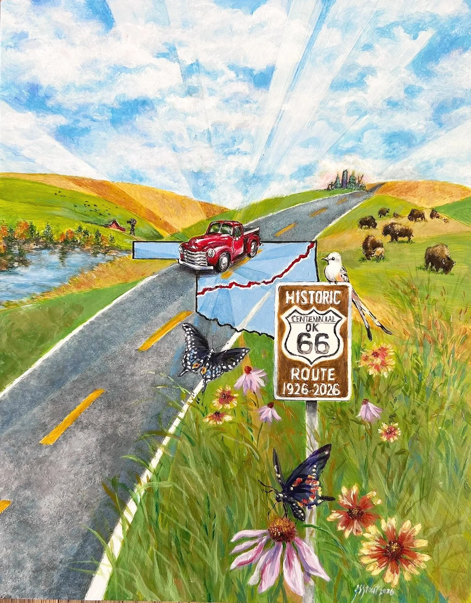 Illustration for the Oklahoma Route 66 Association's Trip Guide and Poster. 11"x14". Acrylic on Board. 2026.