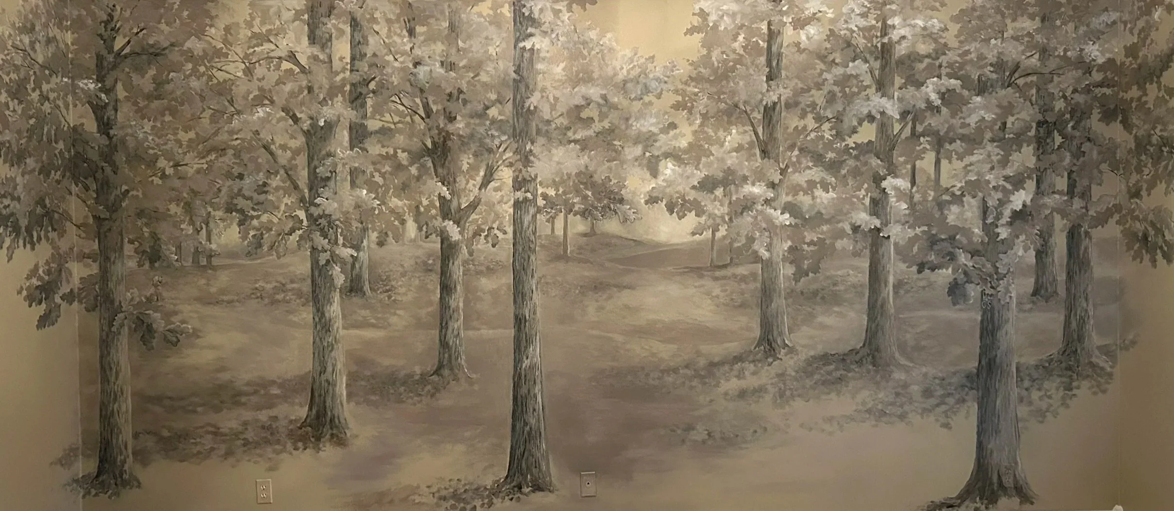 interior Oak Forest Mural before furniture placement. 8.3'x 16.25'. Miami Oklahoma. 2025.