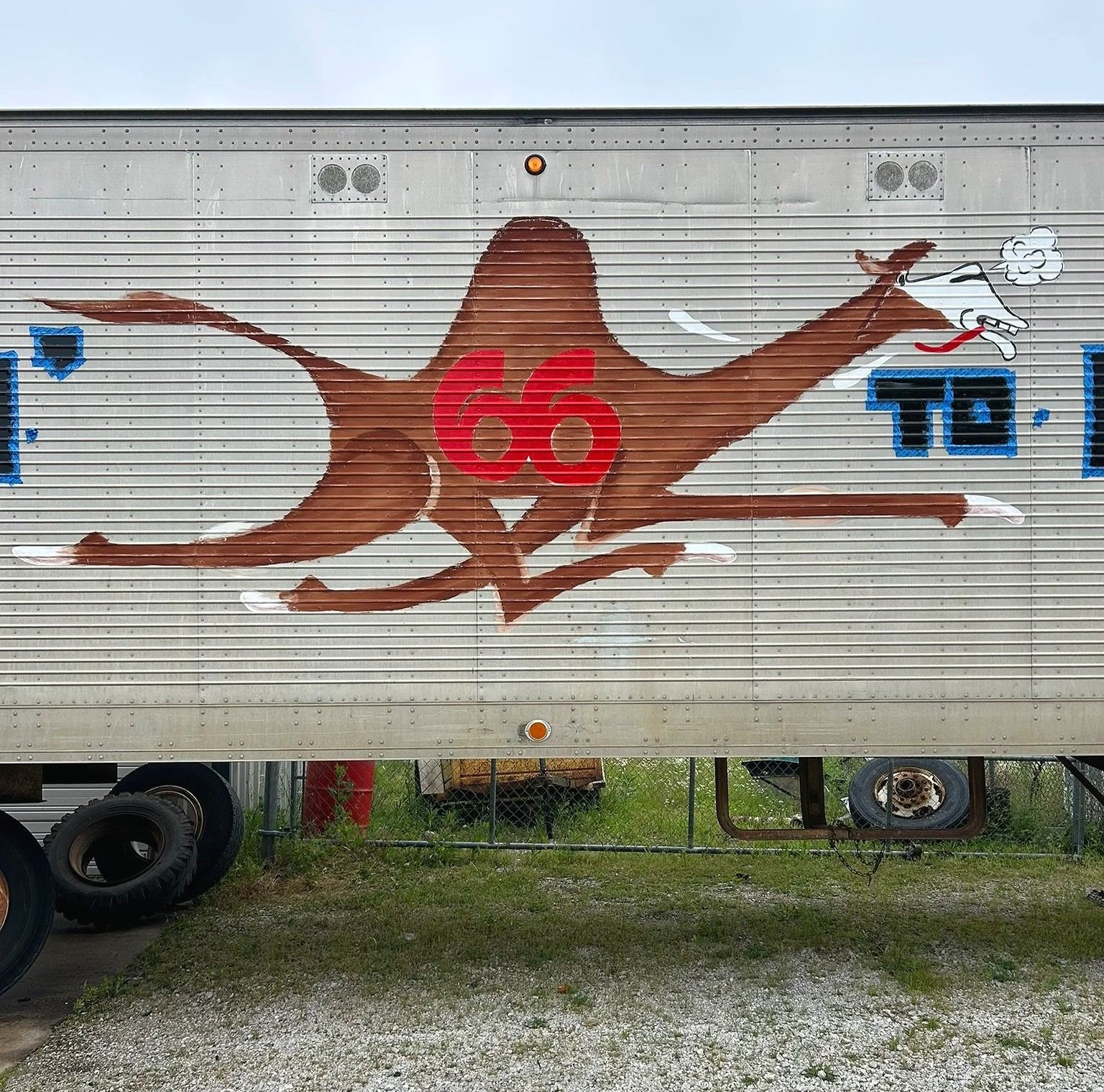 1970's hand-painted logo on Campbell 66 Express semi-truck trailer, carefully restored while maintaining original design and artist's brushstrokes. Painted in Joplin, Missouri. 2026. 