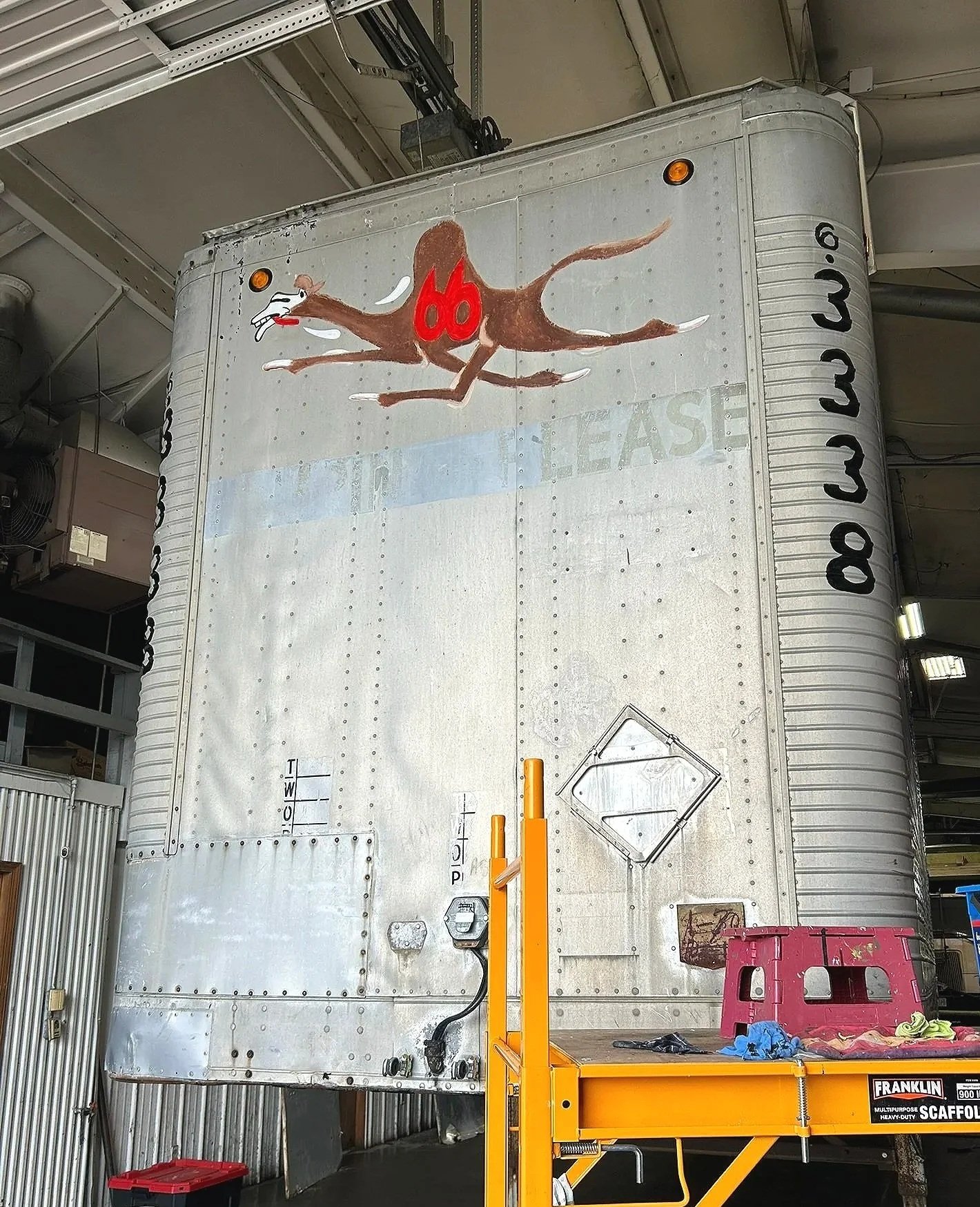 1970's hand-painted logo on front of  Campbell 66 Express semi-truck trailer, restored while maintaining original design and artist's brushstrokes. Painted in Joplin, Missouri. 2026. 