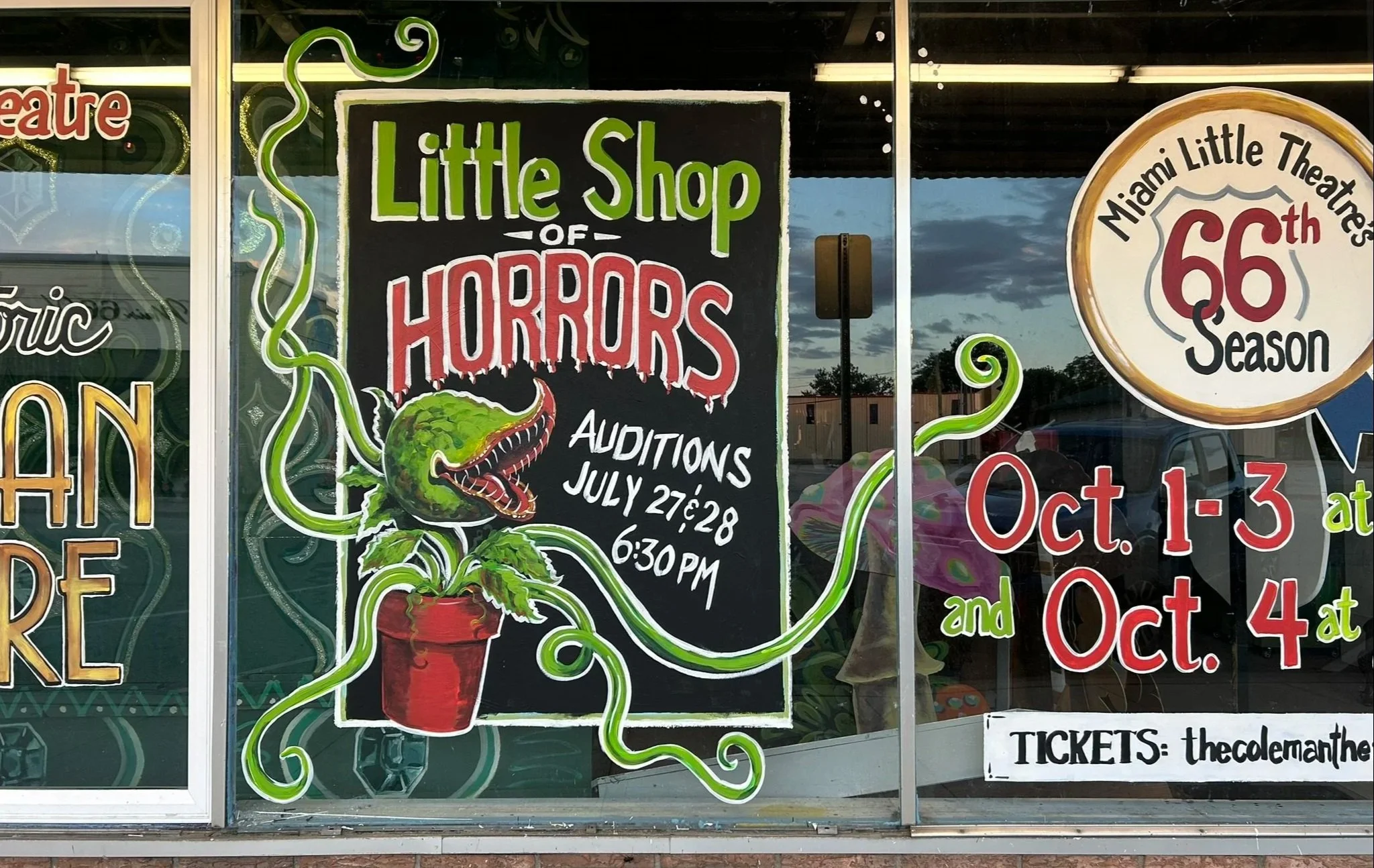 Window Art for Miami Little Theatre's 2026 Production of Little Shop of Horrors. 7'x 21'. Route 66 Main Street in Miami, OK.