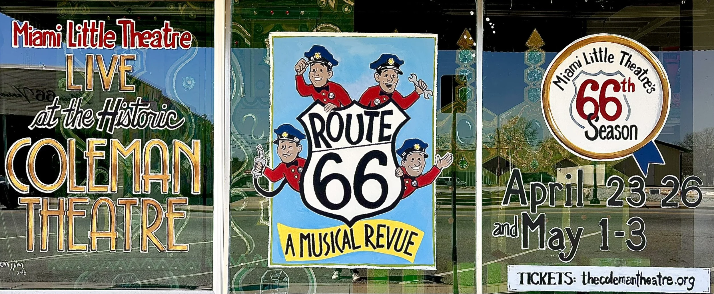 Window Art for Miami Little Theatre on Route 66/N Main St in Miami, OK. 7'x 21'. 2026.
