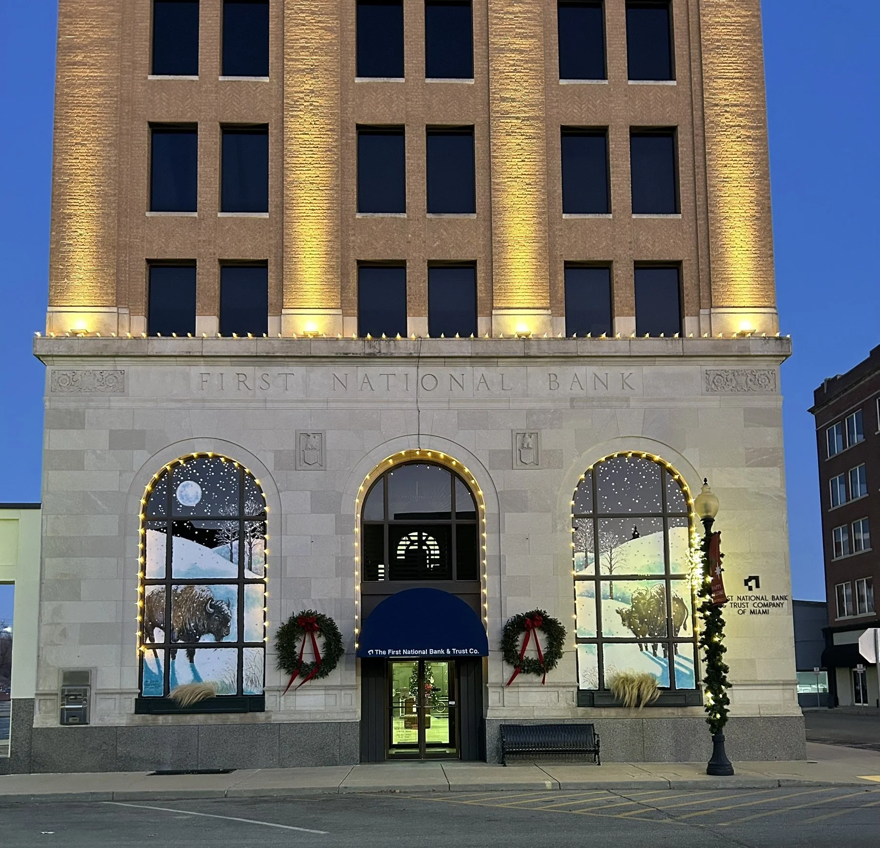 Winter Windows at First National Bank in Miami, Oklahoma, inspired by the buffalo herd southwest of town on Route 66. 2025.