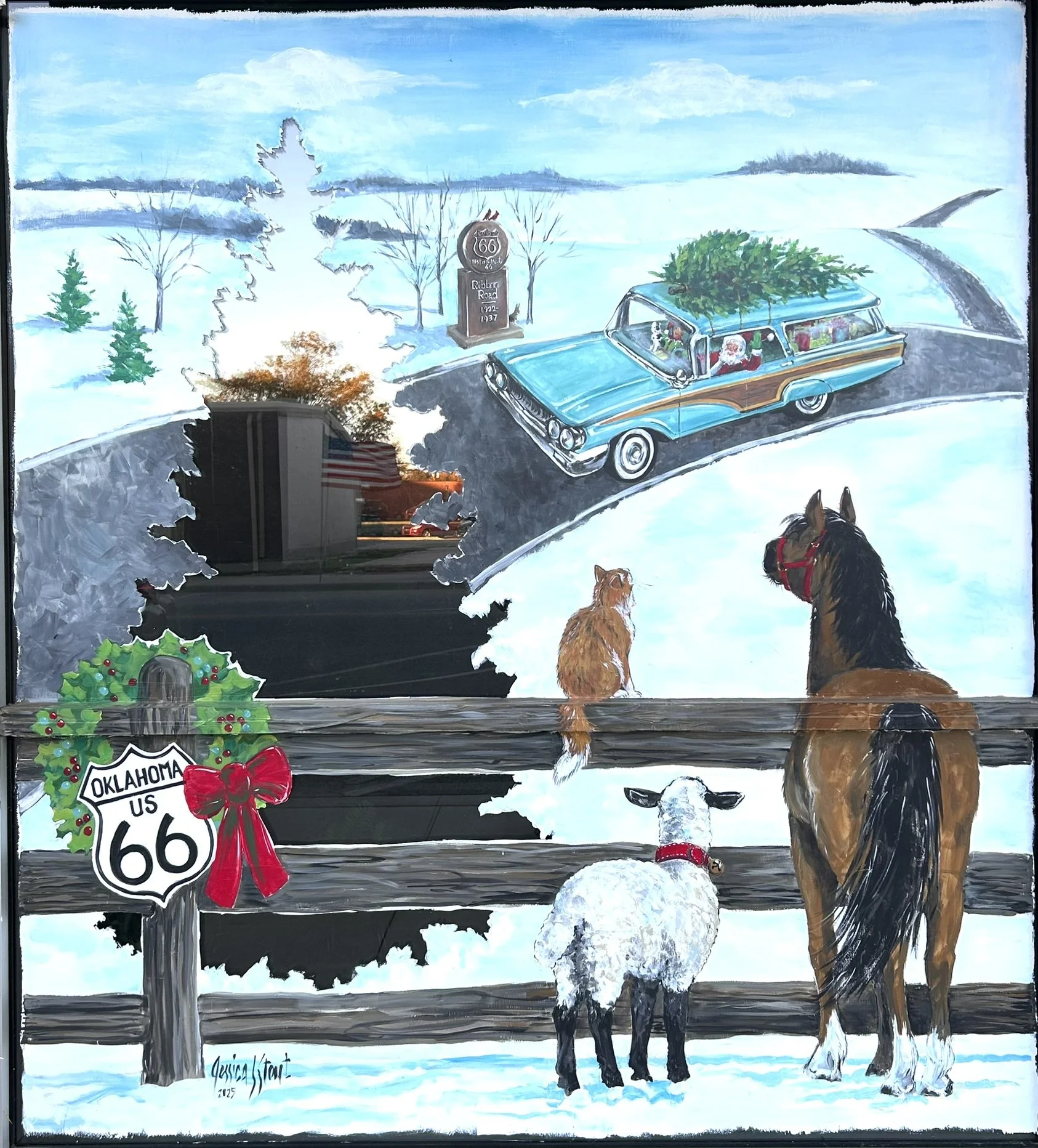 Christmas Time on the Route 66 Ribbon Road, with the tree area blank so interior lights could be visible at night. Window art at Miami Convention & Visitors Bureau. 7.5'x 6.5'. 2025.