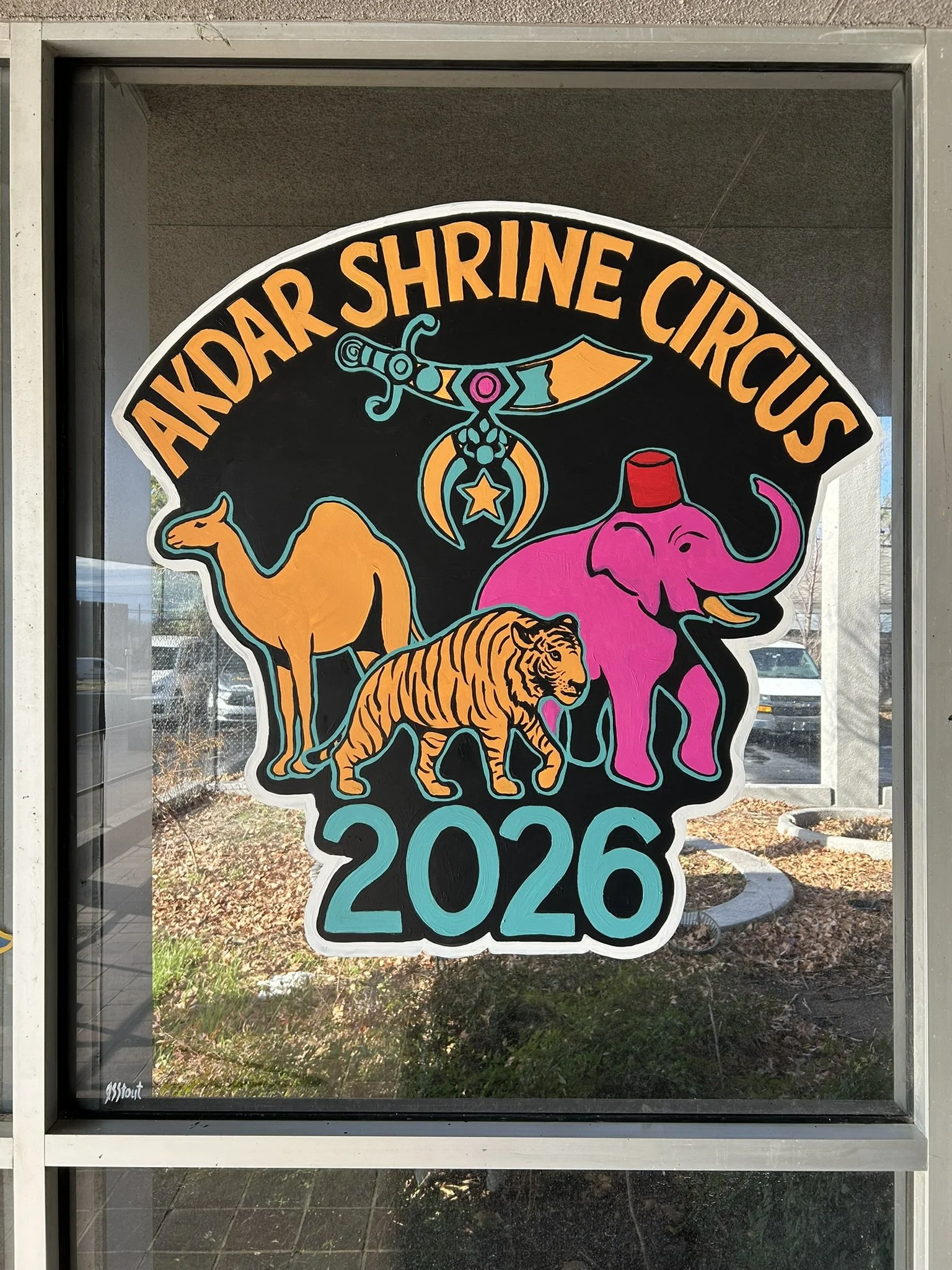 Window Painting of Circus Logo for the Akdar Shrine in Tulsa, Oklahoma. 42"x 45". 2026.