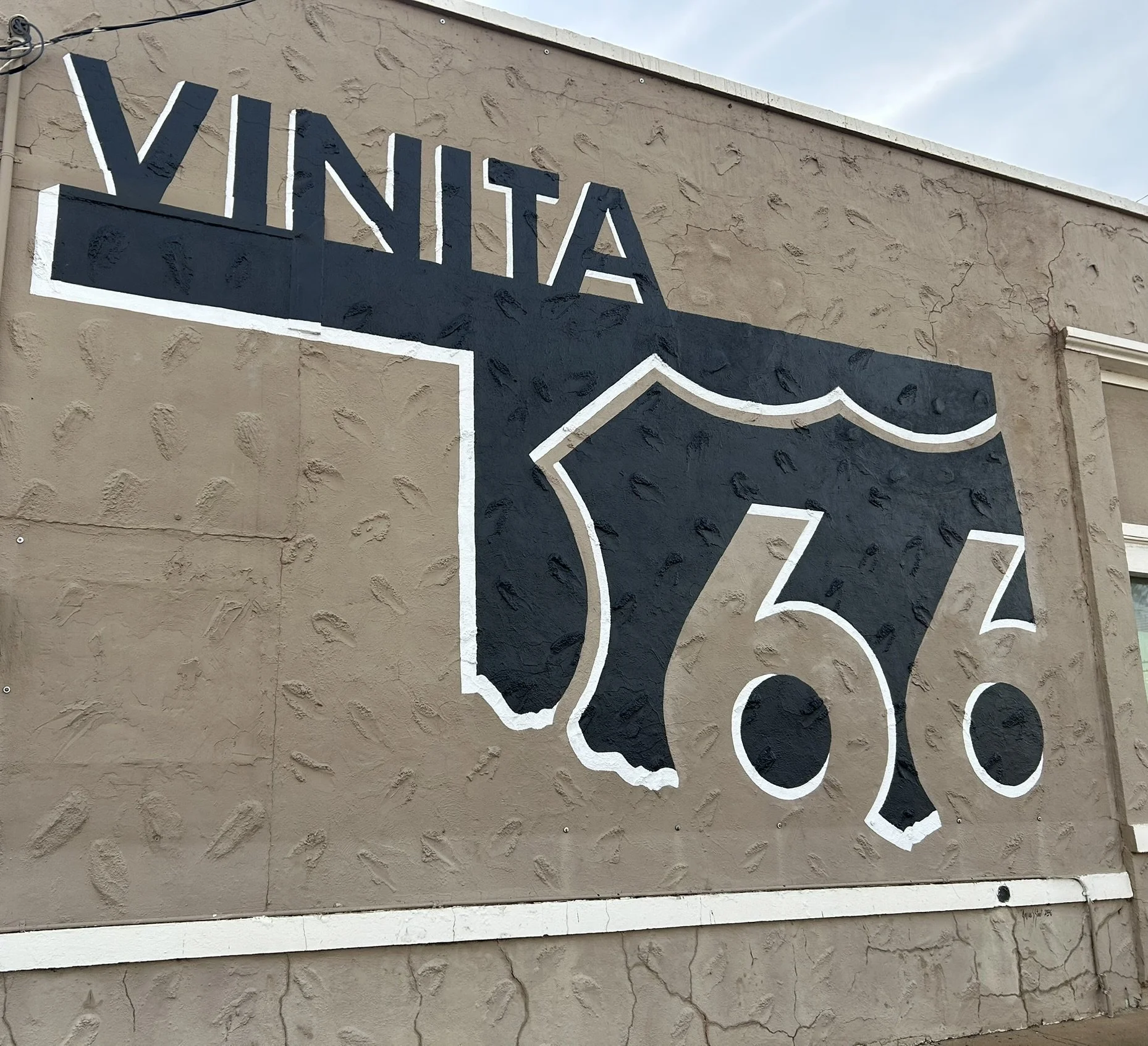Route 66 Mural for Vinita, OK. Based on graphics from the Oklahoma Route 66 Centennial Commission. 12'x19.5', starting 4' above the ground. 2026.