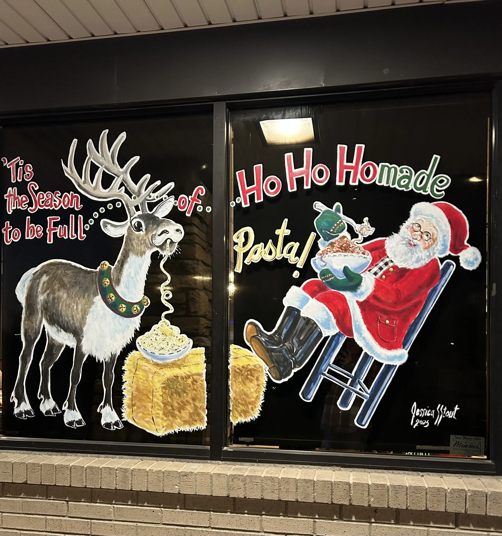 Holiday Windows at Mia Bella Italian Kitchen on N Main in Miami OK. 4'x 6'. 2025.