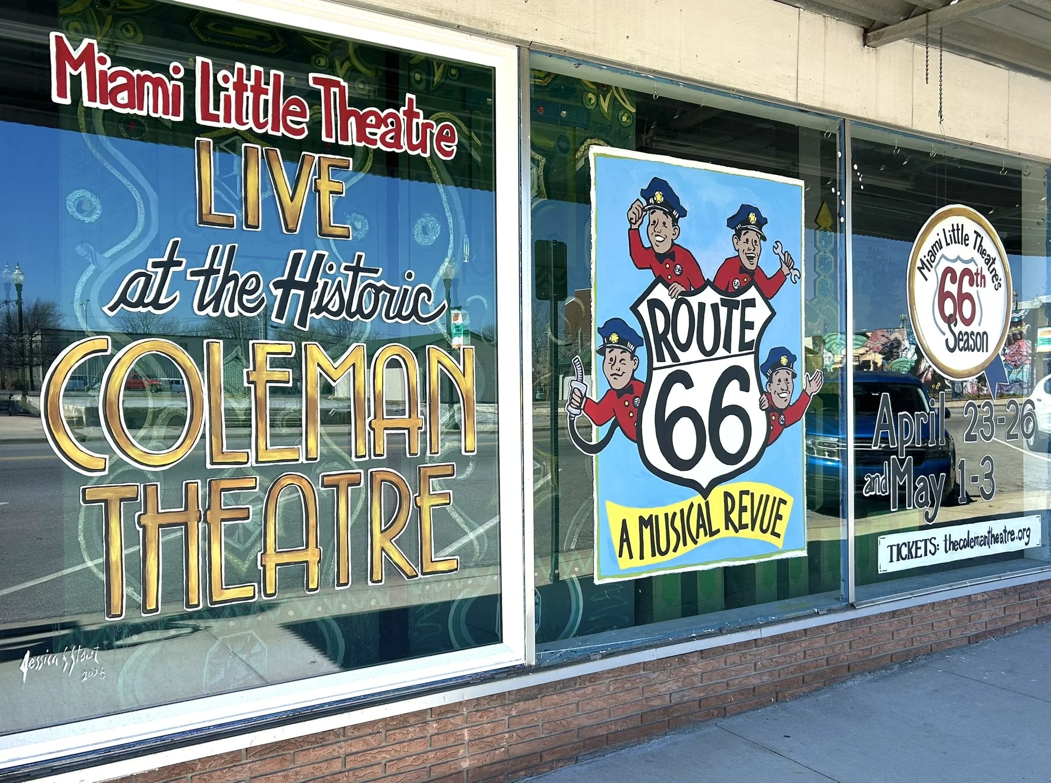 Window Art for Miami Little Theatre on Route 66/N Main St in Miami, OK. 7'x 21'. 2026.
