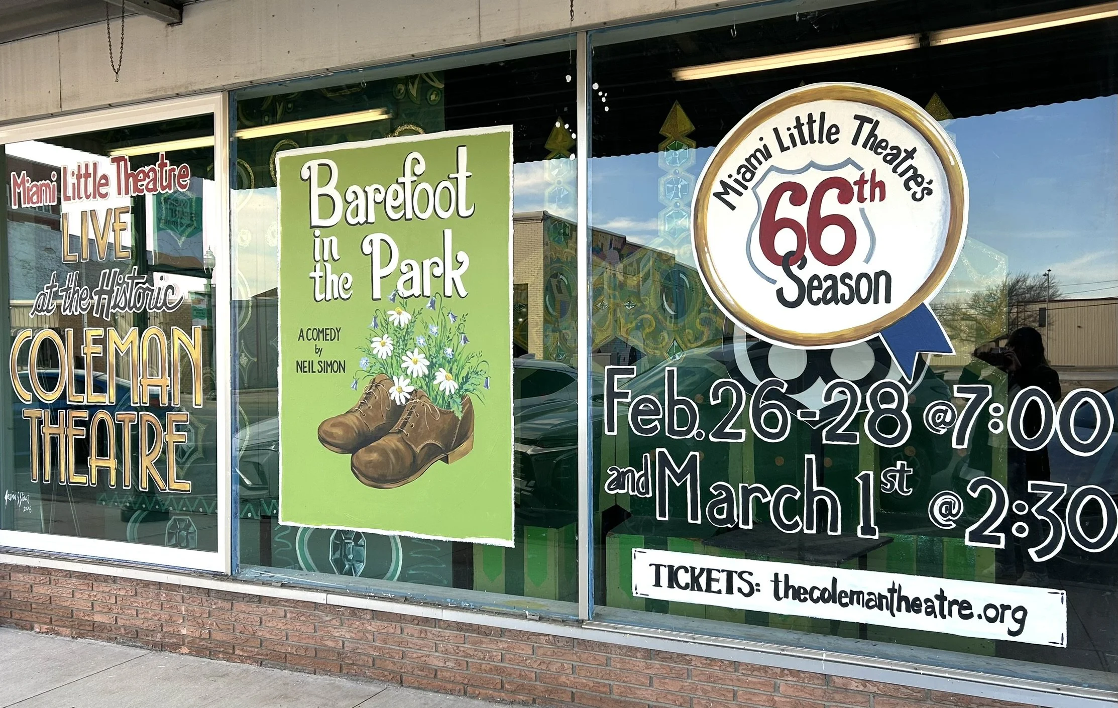 Window Art for Miami Little Theatre on Route 66/N Main St in Miami, OK. 7'x 21'. 2026.