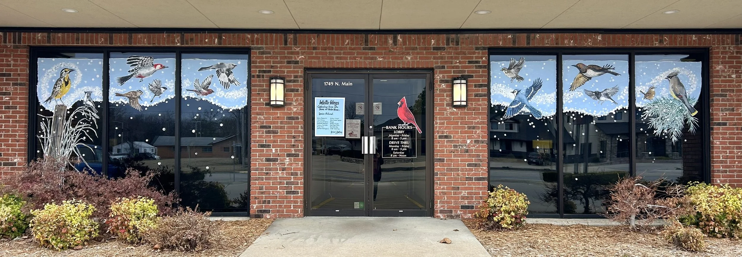 Winter Wings at First National Bank North Branch in Miami, Oklahoma, celebrating local wintering birds. 2.5'x 25'. 2025.