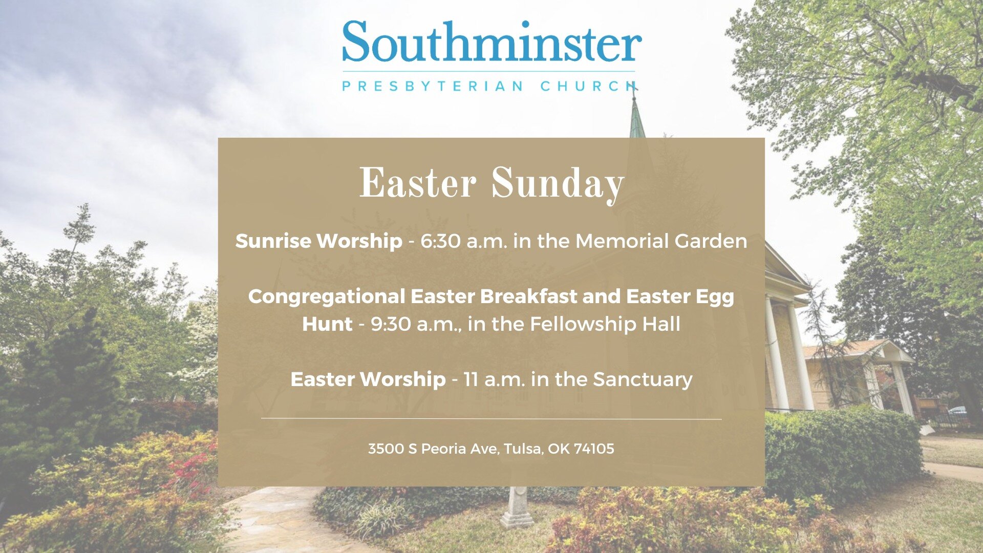 Join us to celebrate the resurrection this Sunday, March 31 at Southminster!

Our Easter Sunrise worship will be at 6:30 a.m. in the Memorial Garden. At 9:30 a.m., we will have a congregational breakfast with light finger foods in the Fellowship Hall