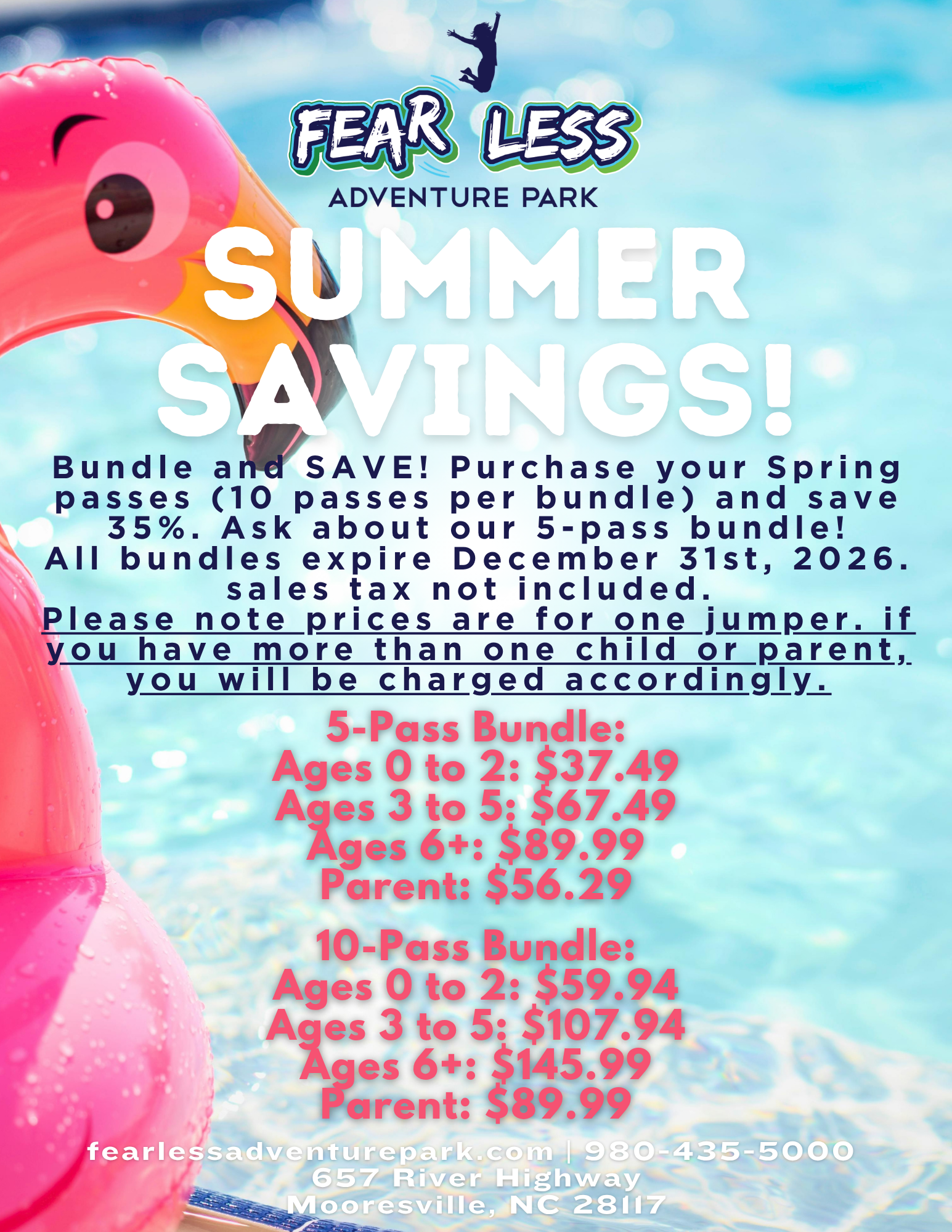 Promotional flyer for Fearless Adventure Park's spring savings event. The flyer features a pink and purple background with tulips at the bottom. It advertises discounted bundle prices for spring passes for different age groups, with details about expiration date and additional charges for multiple children or parents.