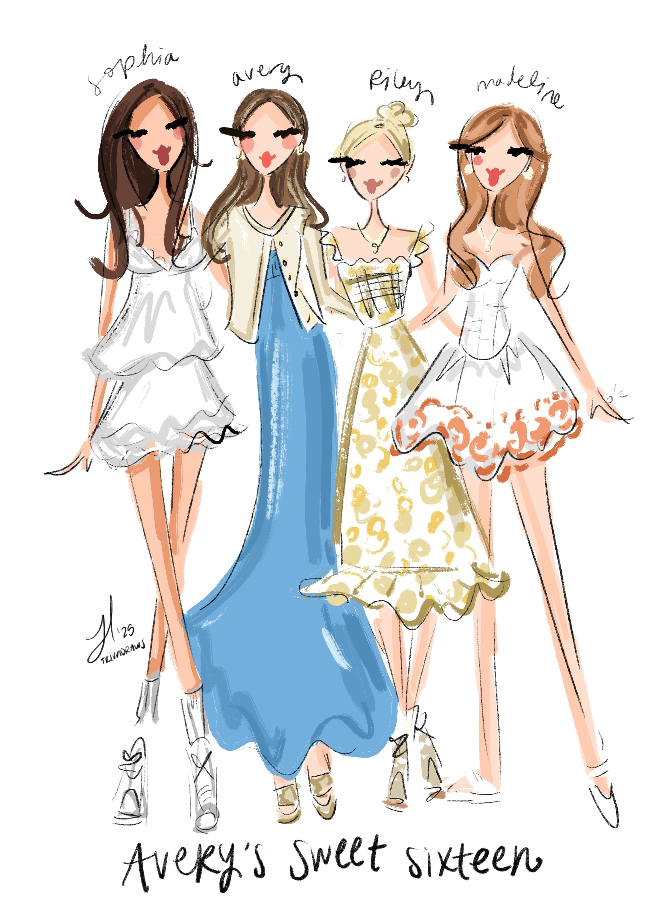 Dante LA private party sketches. Sweet 16 luxury fashion illustrations by Trivia Hiller