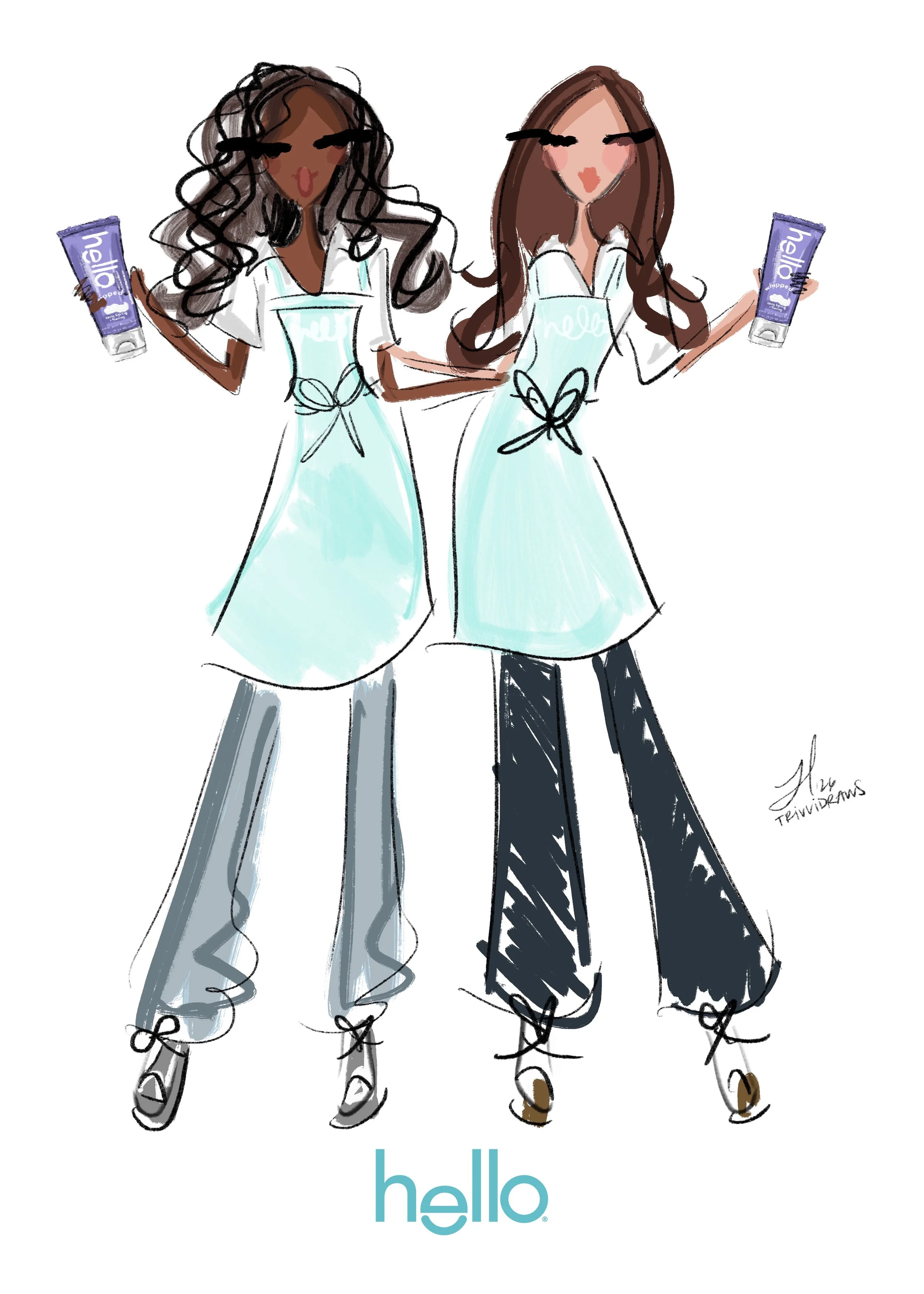 illustration of Hello employees celebrating the launch of their new whipped toothpaste in NYC. Drawn by Trivvidraws (Trivia Hiller).