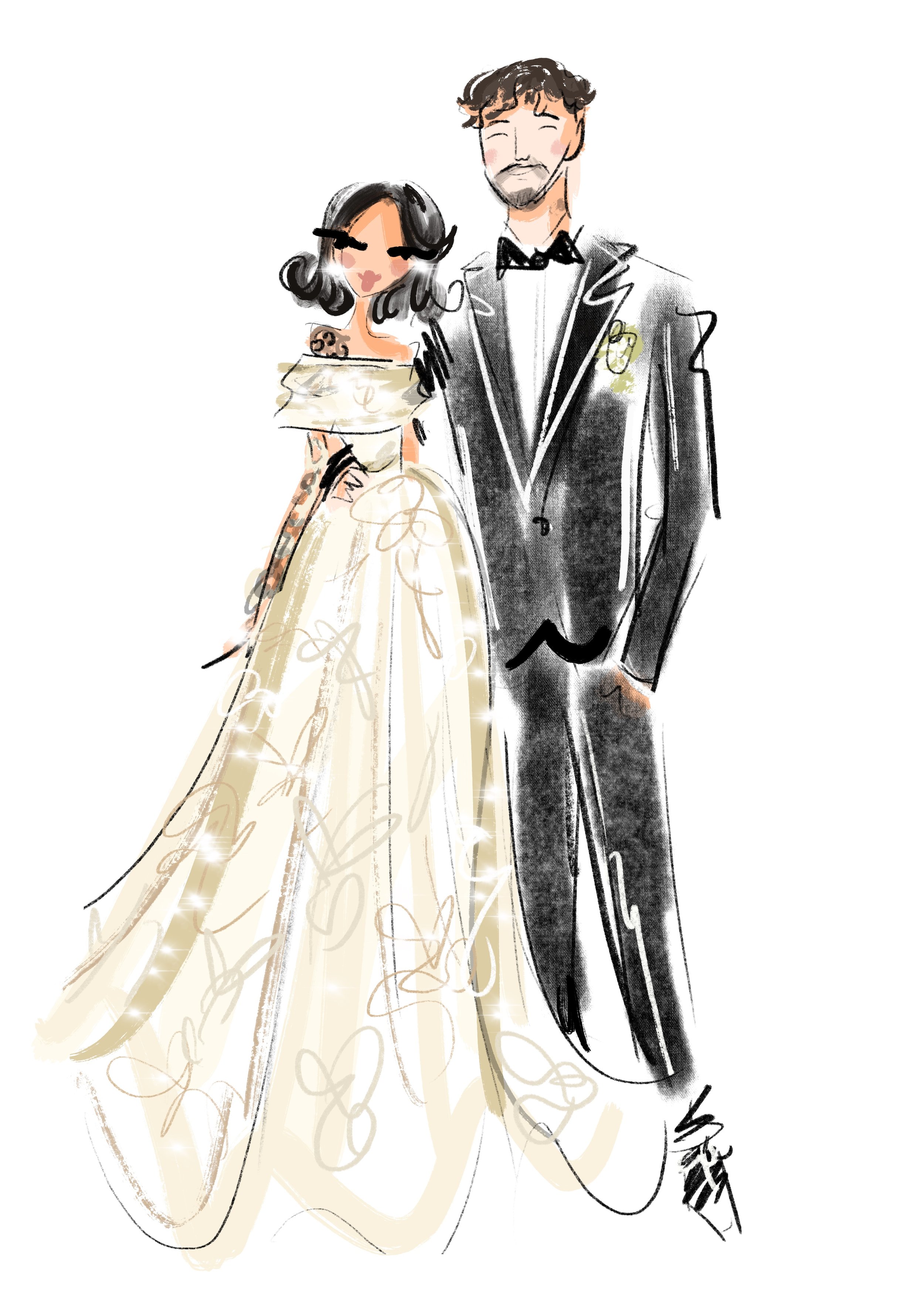 Wedding bridal live fashion illustration. Luxury NYC and LA wedding party favor illustrations