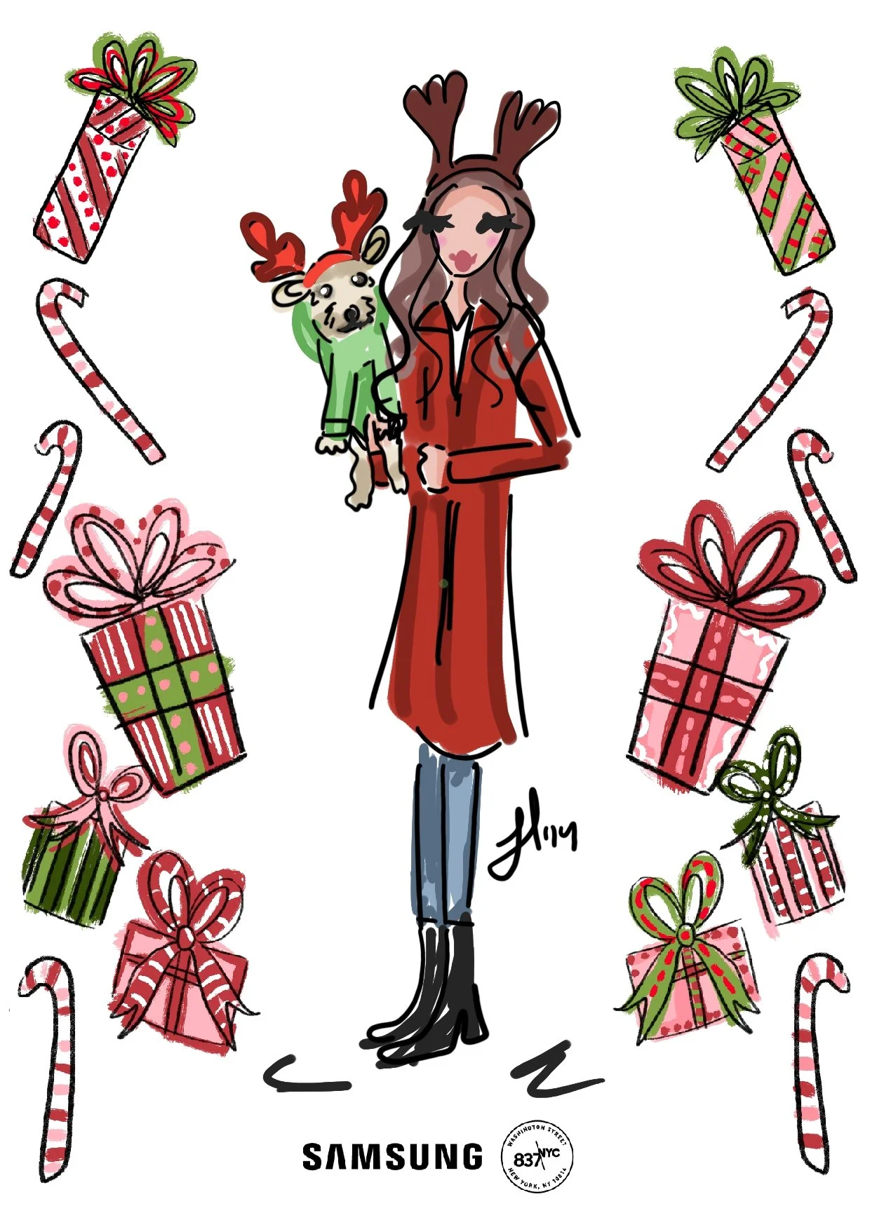 Samsung Meatpacking district live sketching on Samsung Tablet. Holiday fashion illustration.