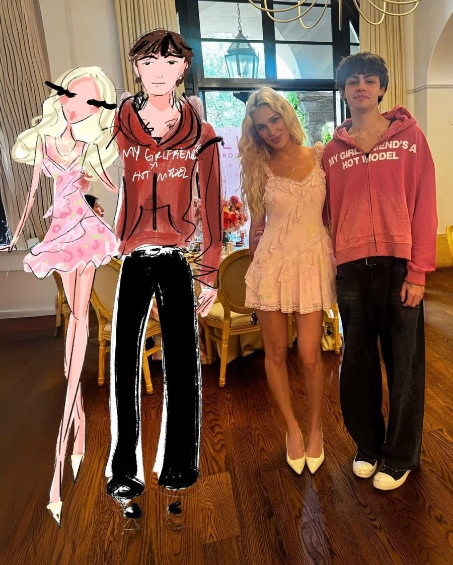 madi influencer and boyfriend at ellis brooklyn tea party event. held at the maybourne hotel in beverly hills. fashion illustration by trivvidraws