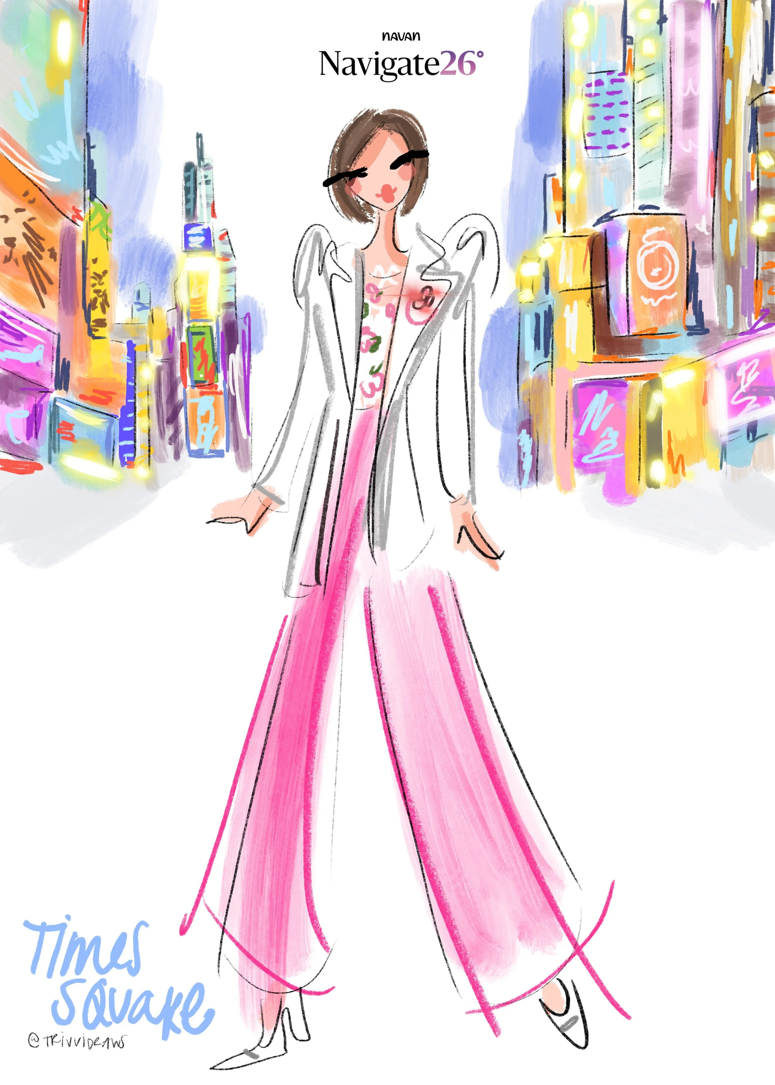 NAVAN Navigate corporate event, live fashion illustration created by Trivia Hiller of trivvidraws. Times square custom artwork background