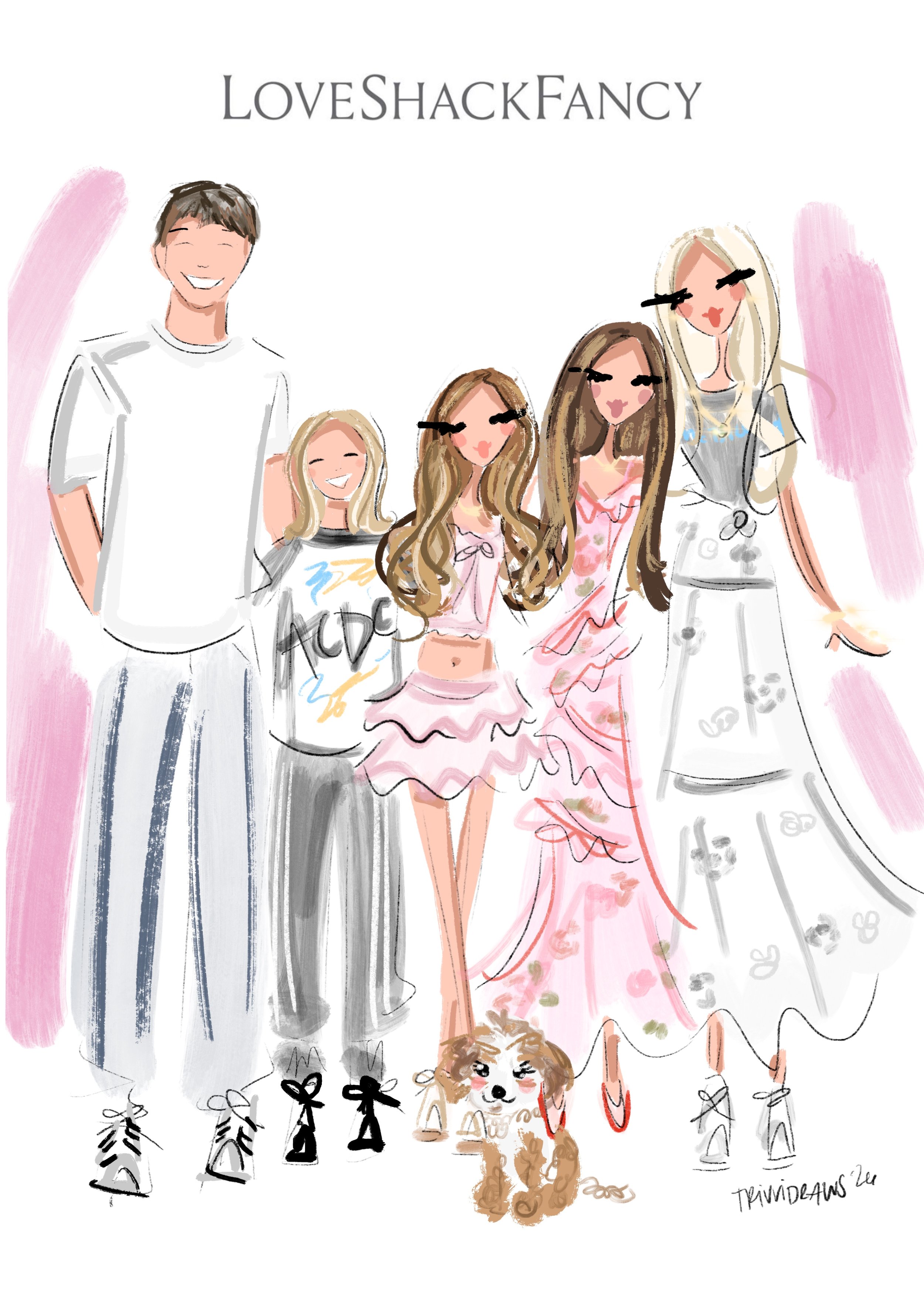 Love Shack Fancy Madison Avenue family fashion portrait. Trivvidraws luxury shopping event illustration in NYC. 