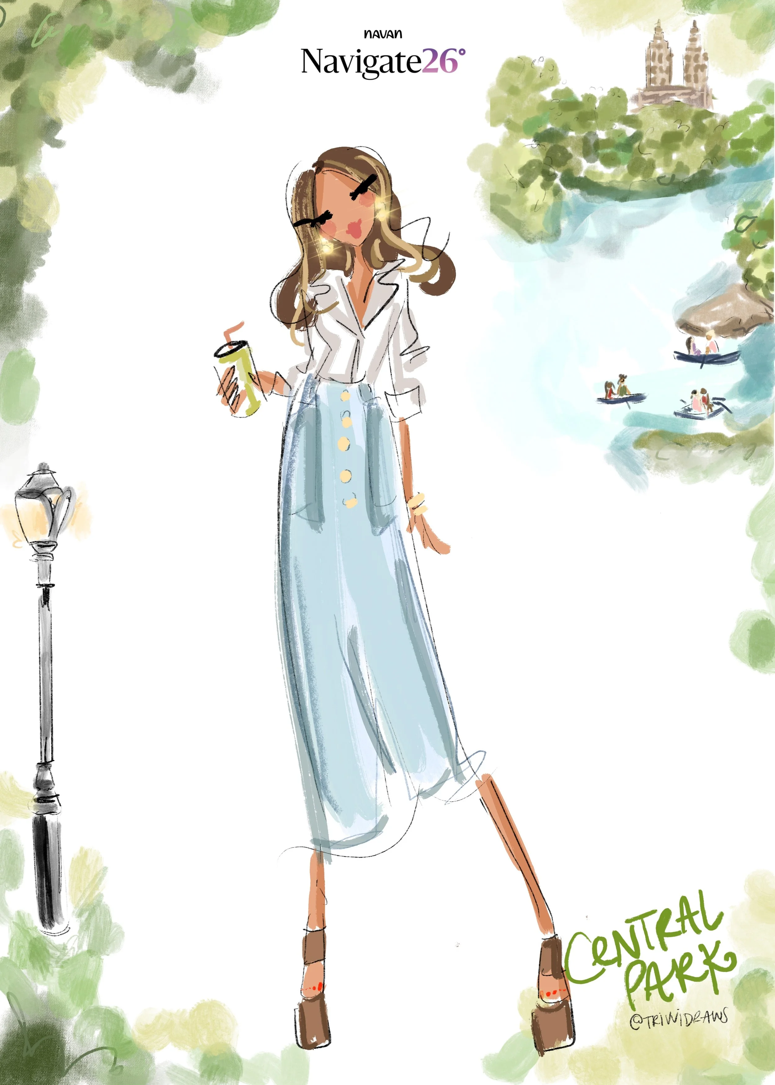Navan Navigate 26 central park fashion sketch. Corporate event illustration by Trivvidraws in new york city