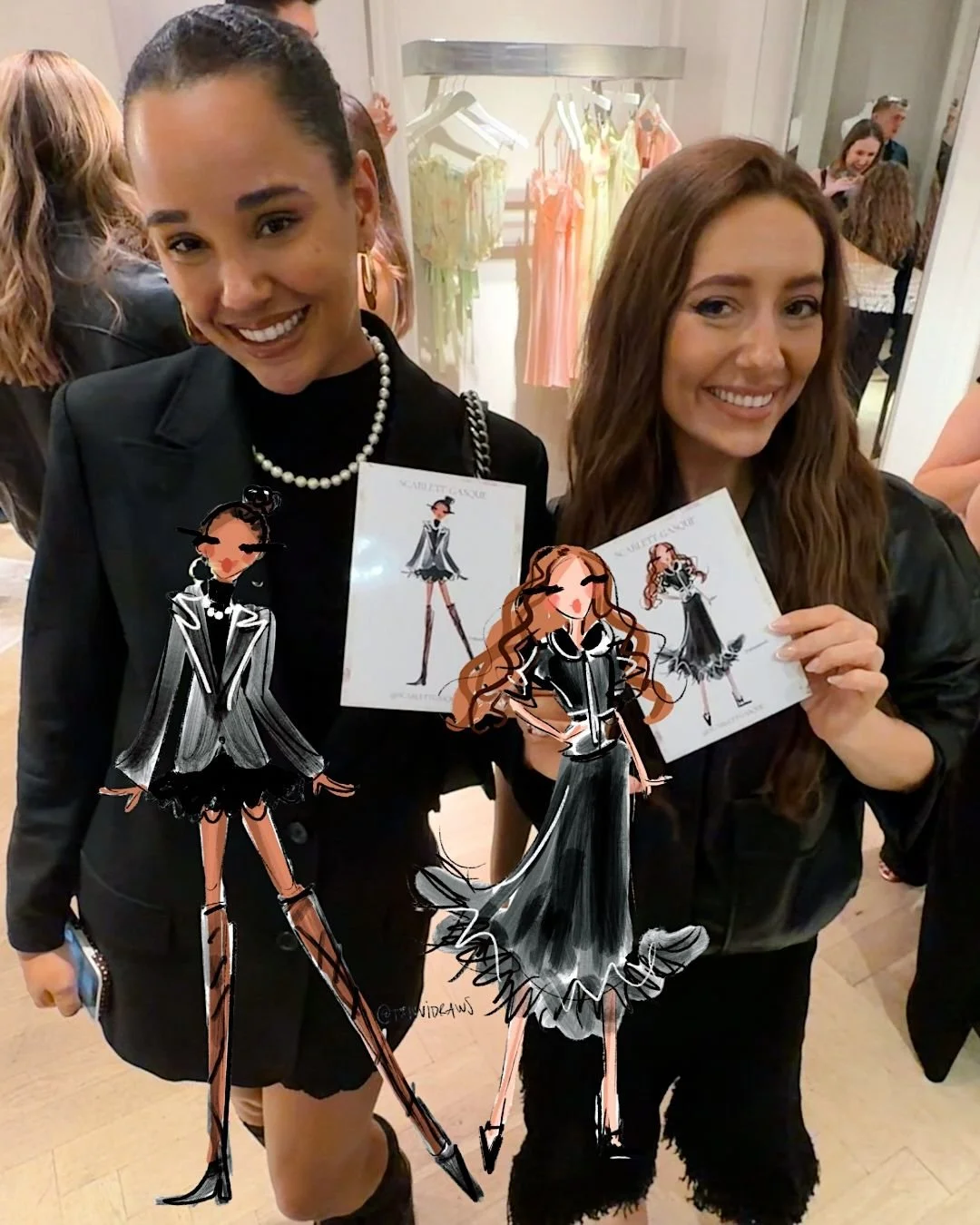 Pieper James and Caitlin Bea at a Scarlett Gasque NYC grand opening event. Posing with their Trivvidraws luxury sketches