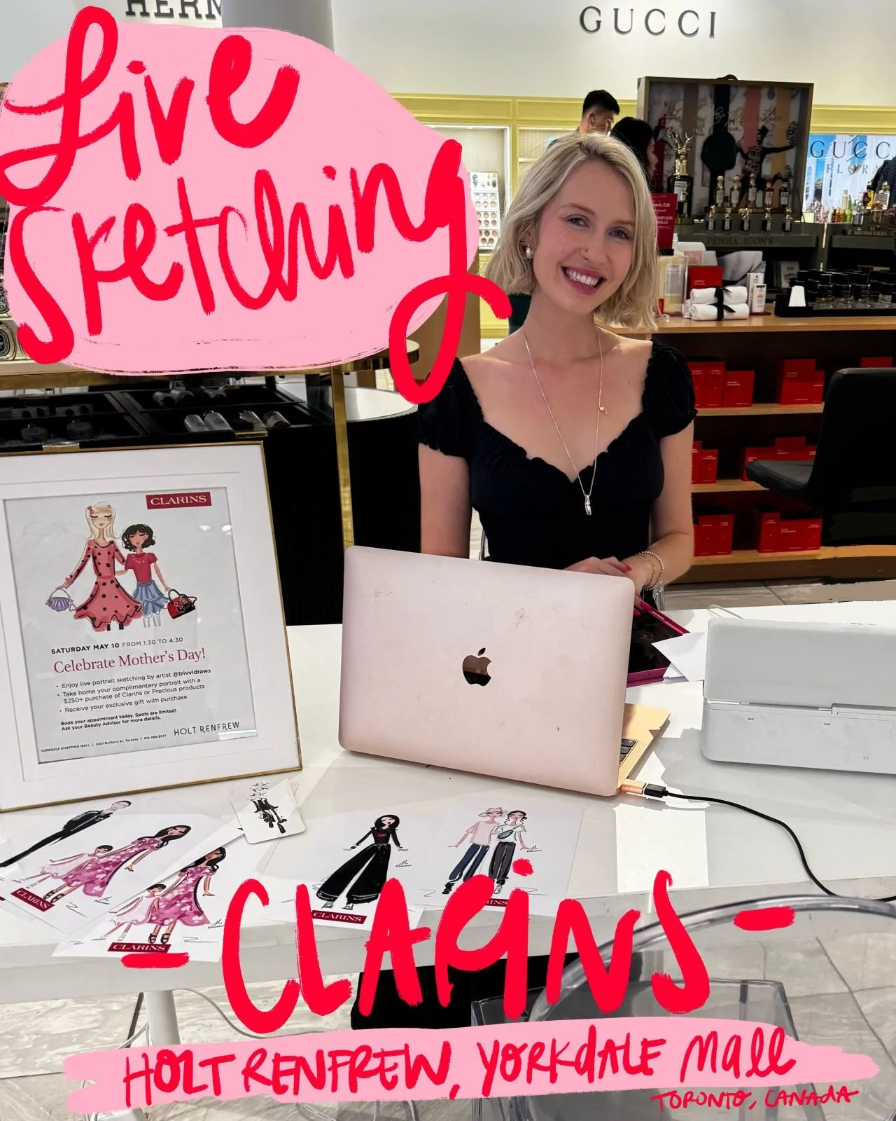 Holt Renfrew, yorkdale mall, Trivvidraws Live Fashion Sketching for Clarins guests and shoppers. Mall event
