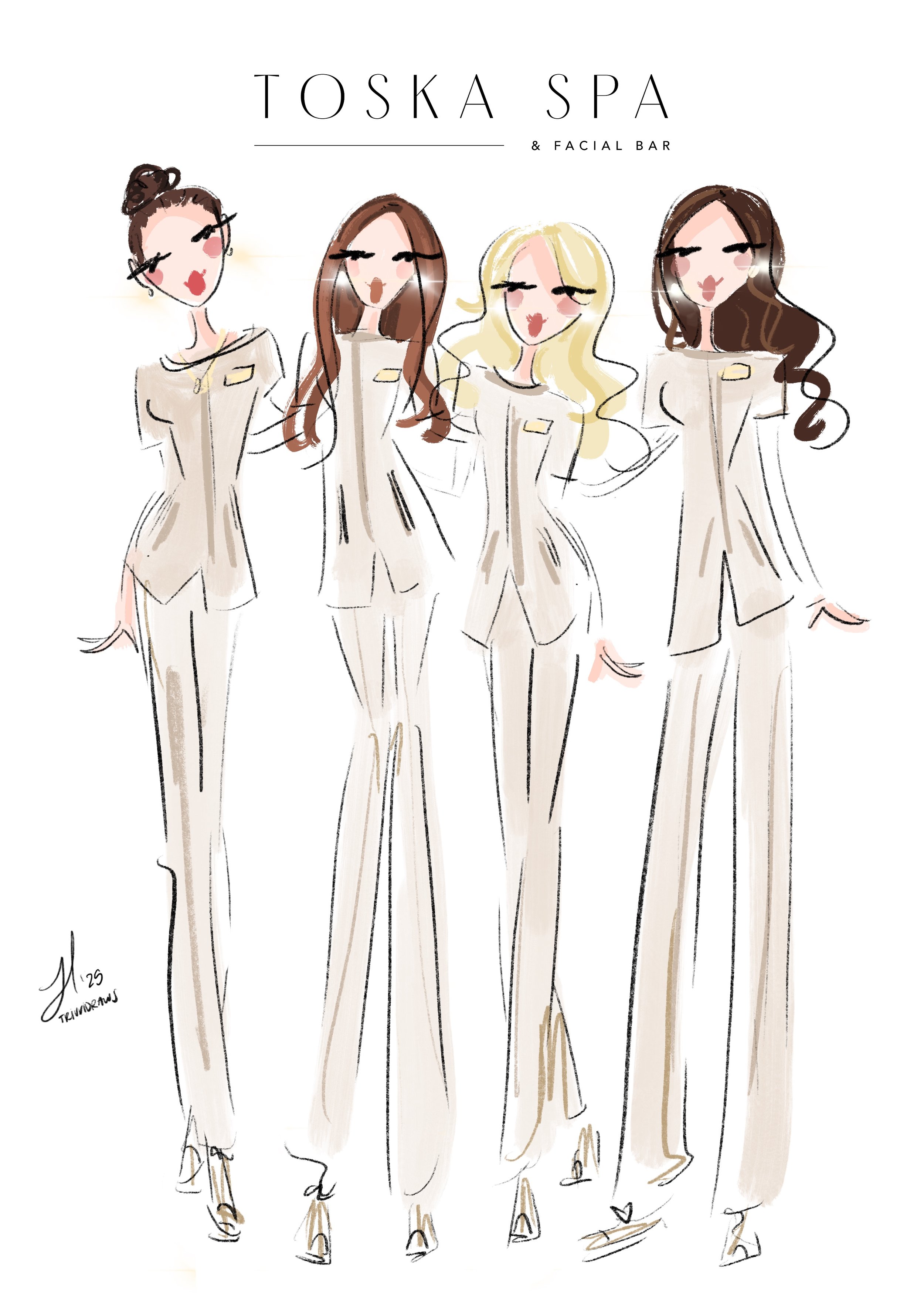 Nashville Toska Spa grand opening, luxury fashion illustrations. 