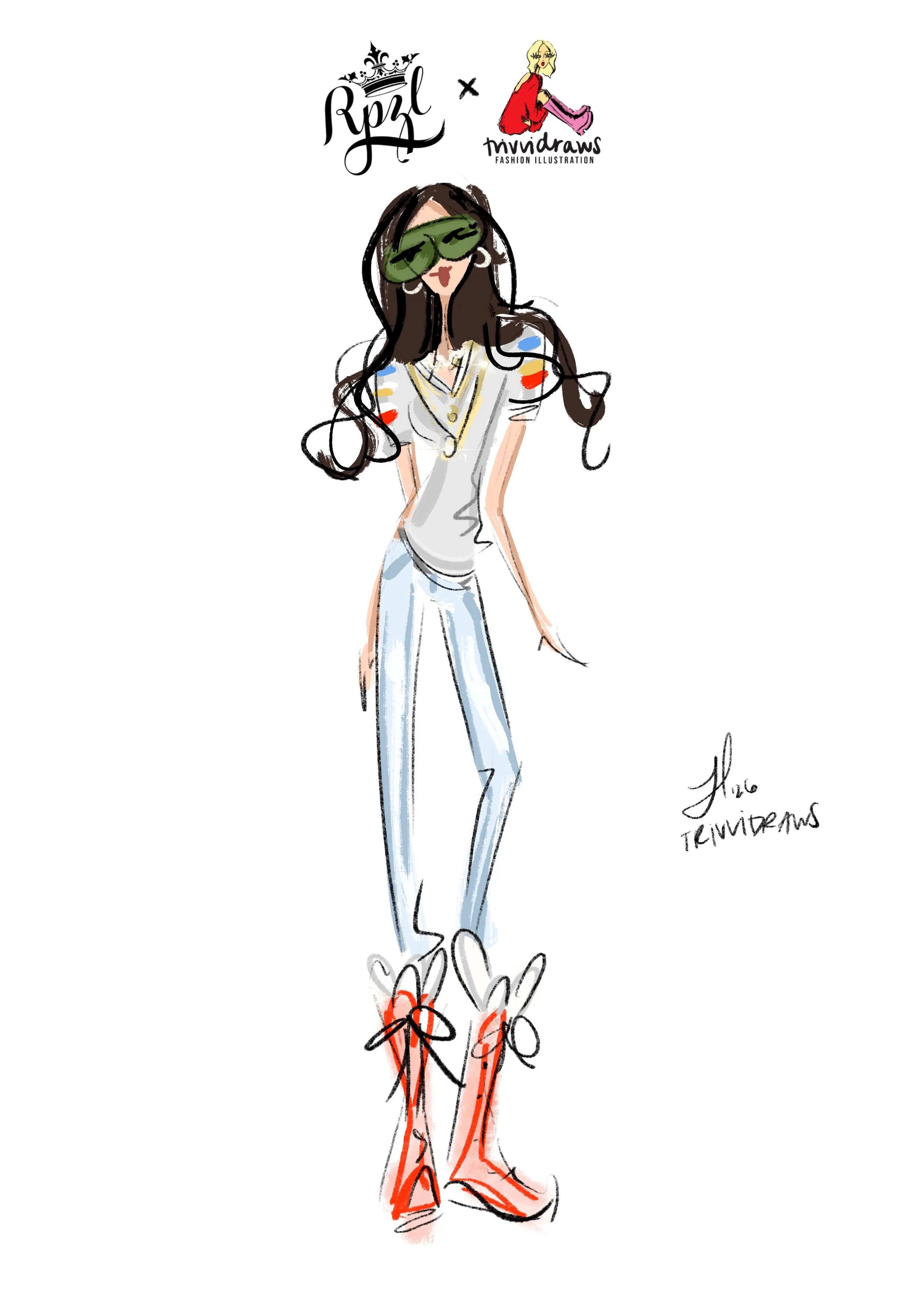 Pretty Connected, Lara, illustrated at a NYFW RPZL event in New York City. Fashion sketch created by artist Trivvidraws