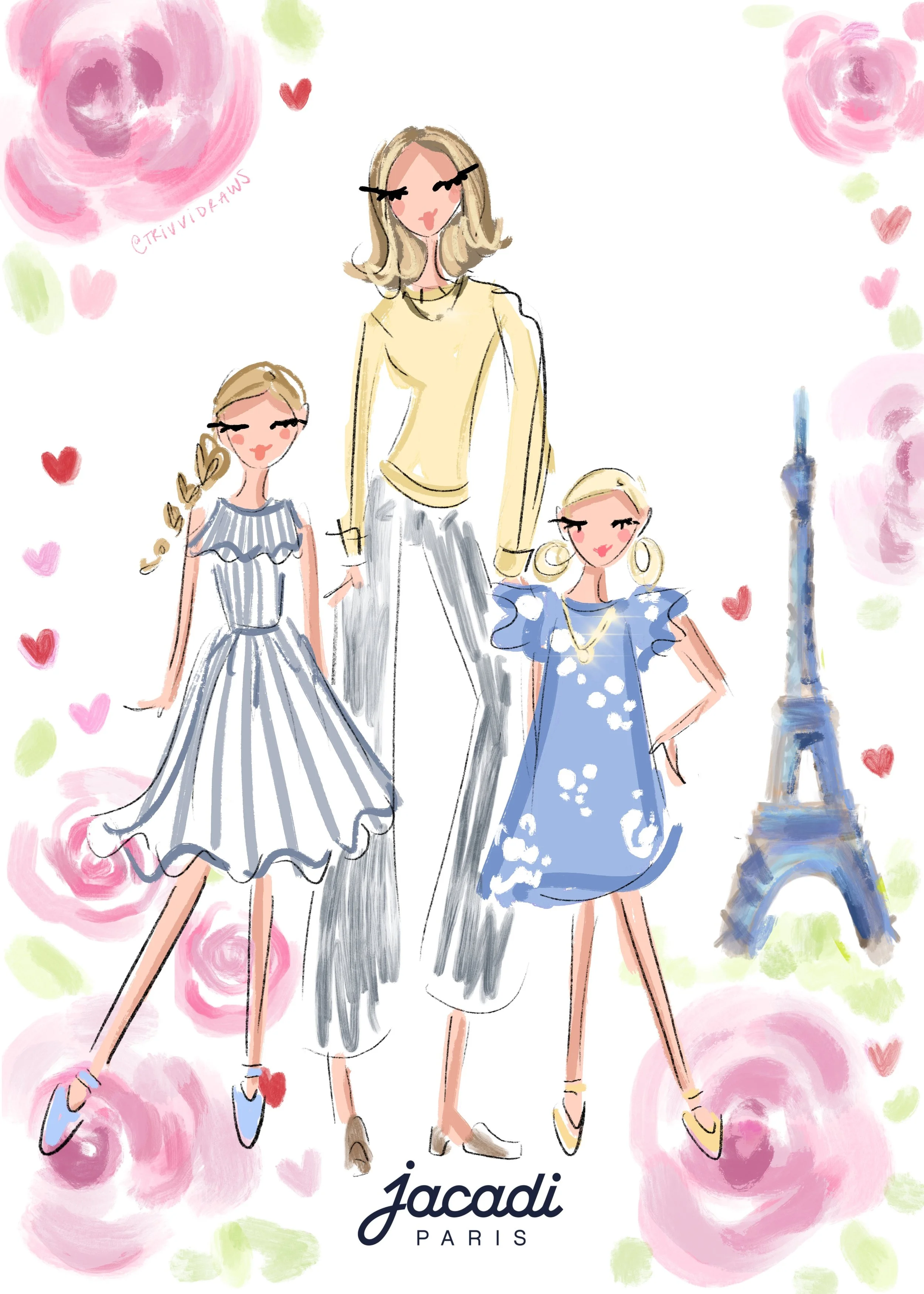 Jacadi Paris, mother's day fashion illustrations for customers shopping in NYC. Custom Parisian border created by artist Trivia Hiller (trivvidraws)