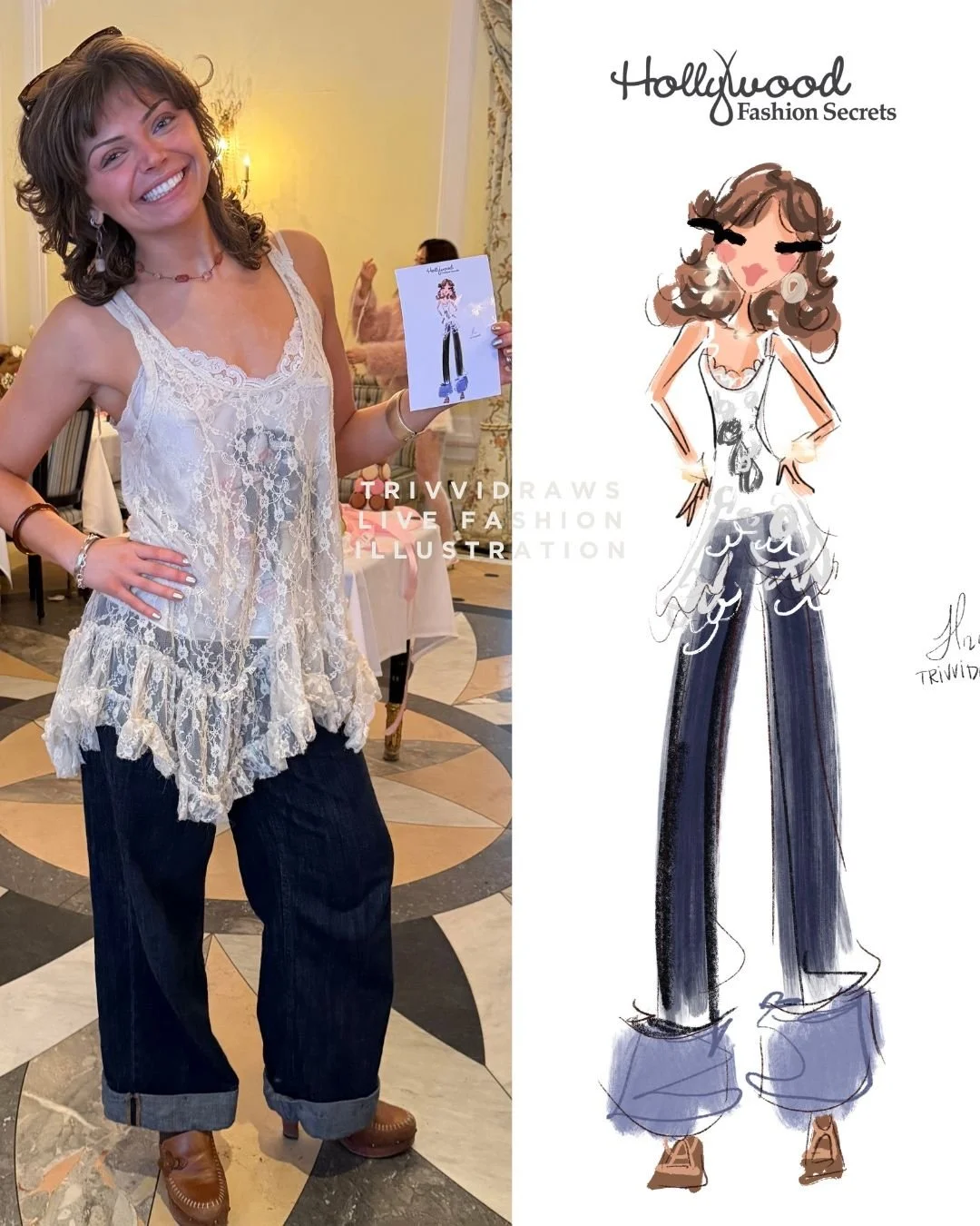 CARJO influencer, live fashion illustration for hollywood fashion secrets nyfw event