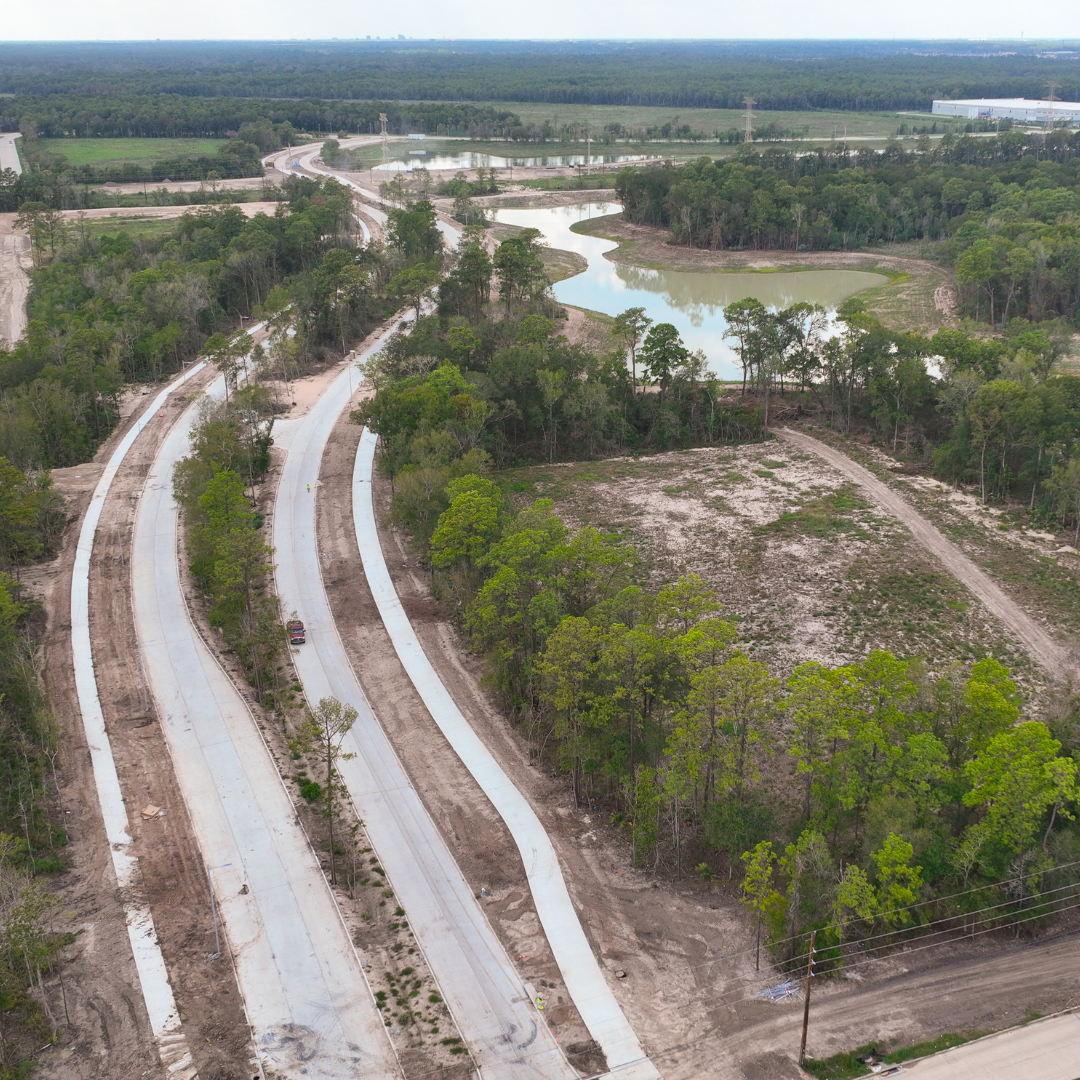 Aerial photo of Generation Parkway with trails running alongside the road